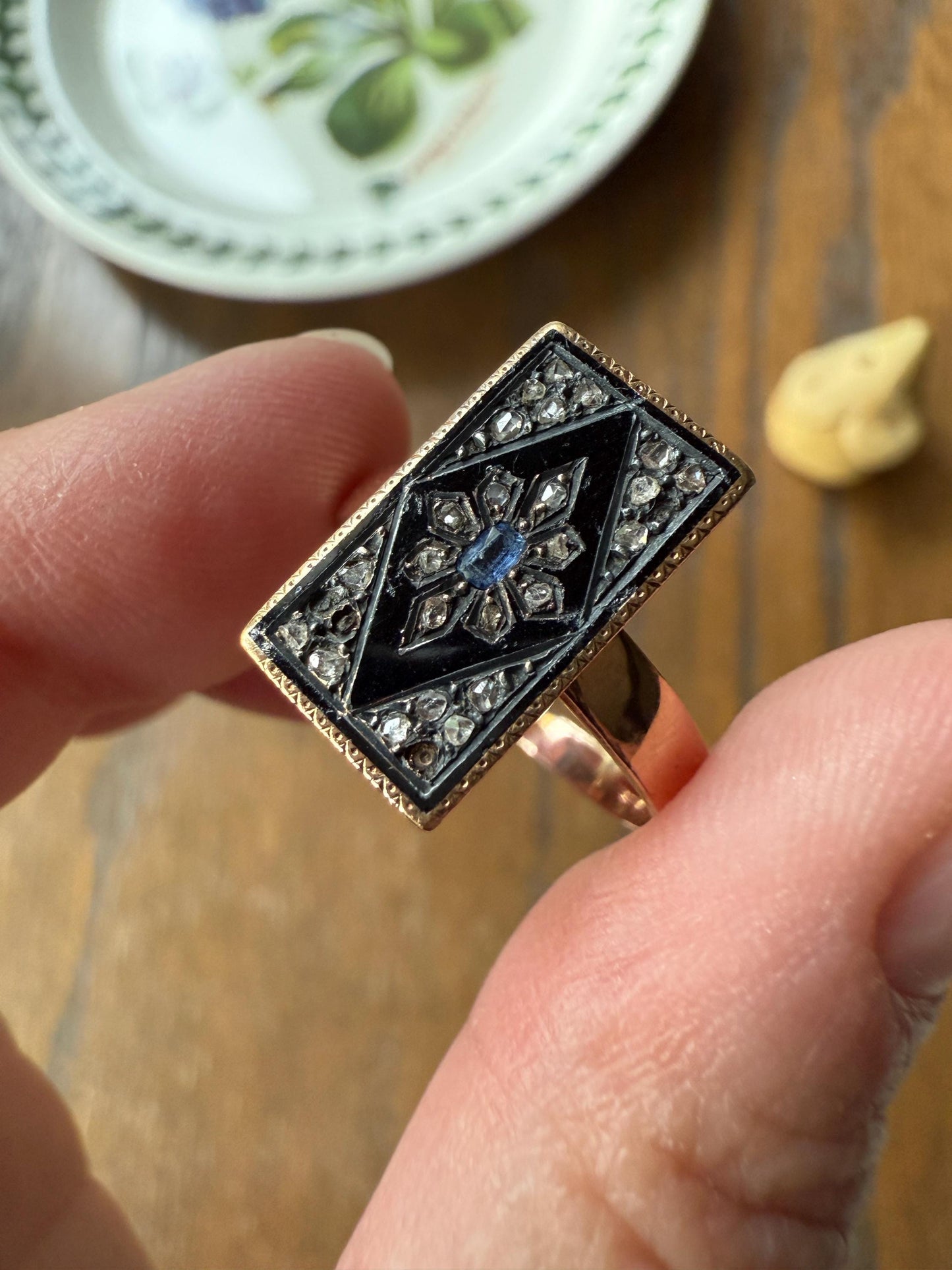 Antique Blue SAPPHIRE Rose Cut DIAMOND Black Enamel 14k Rosy Gold Plaque Ring Floral Geometric Rectangular Panel Romantic Gift Stacker