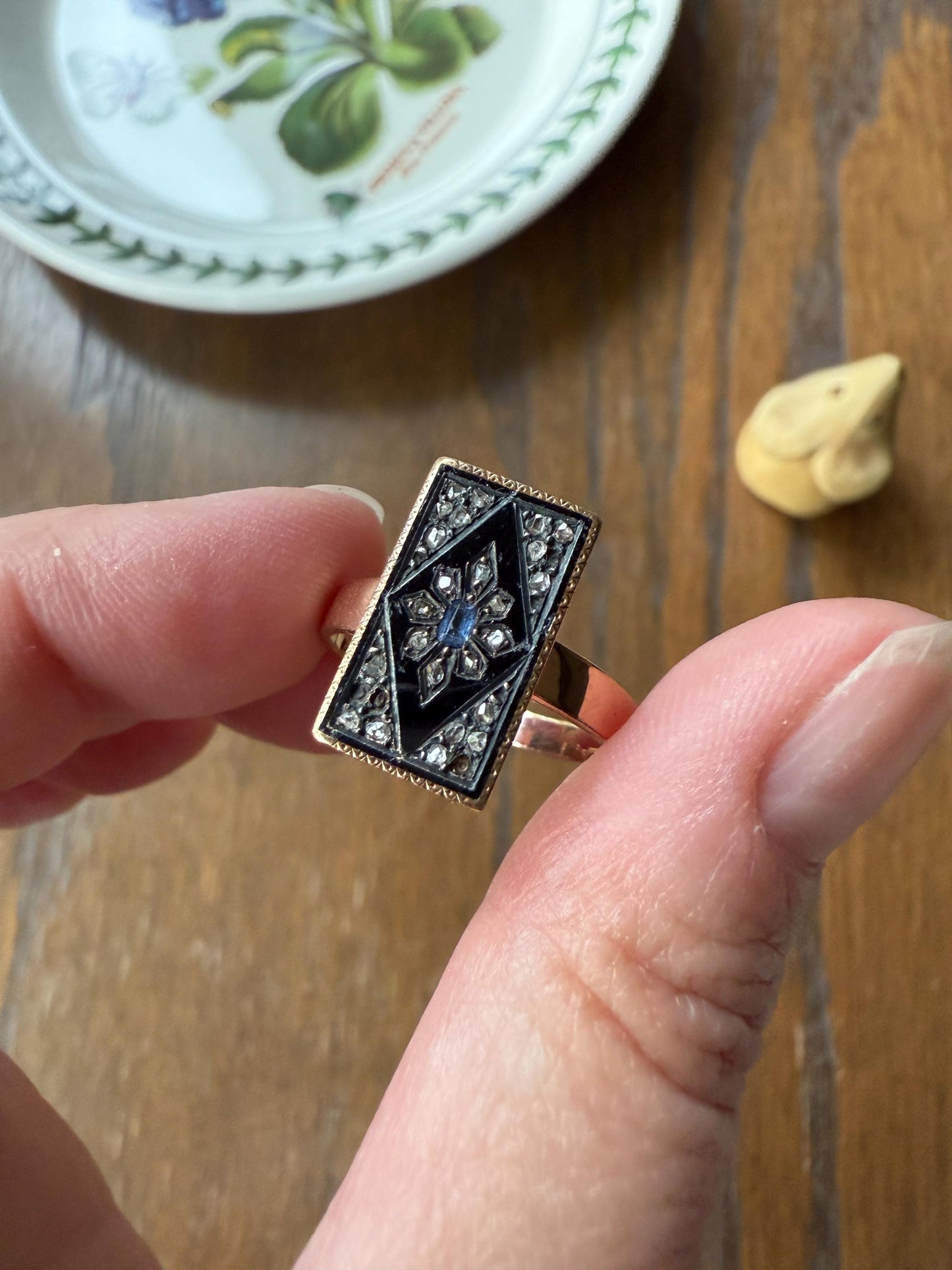 Antique Blue SAPPHIRE Rose Cut DIAMOND Black Enamel 14k Rosy Gold Plaque Ring Floral Geometric Rectangular Panel Romantic Gift Stacker