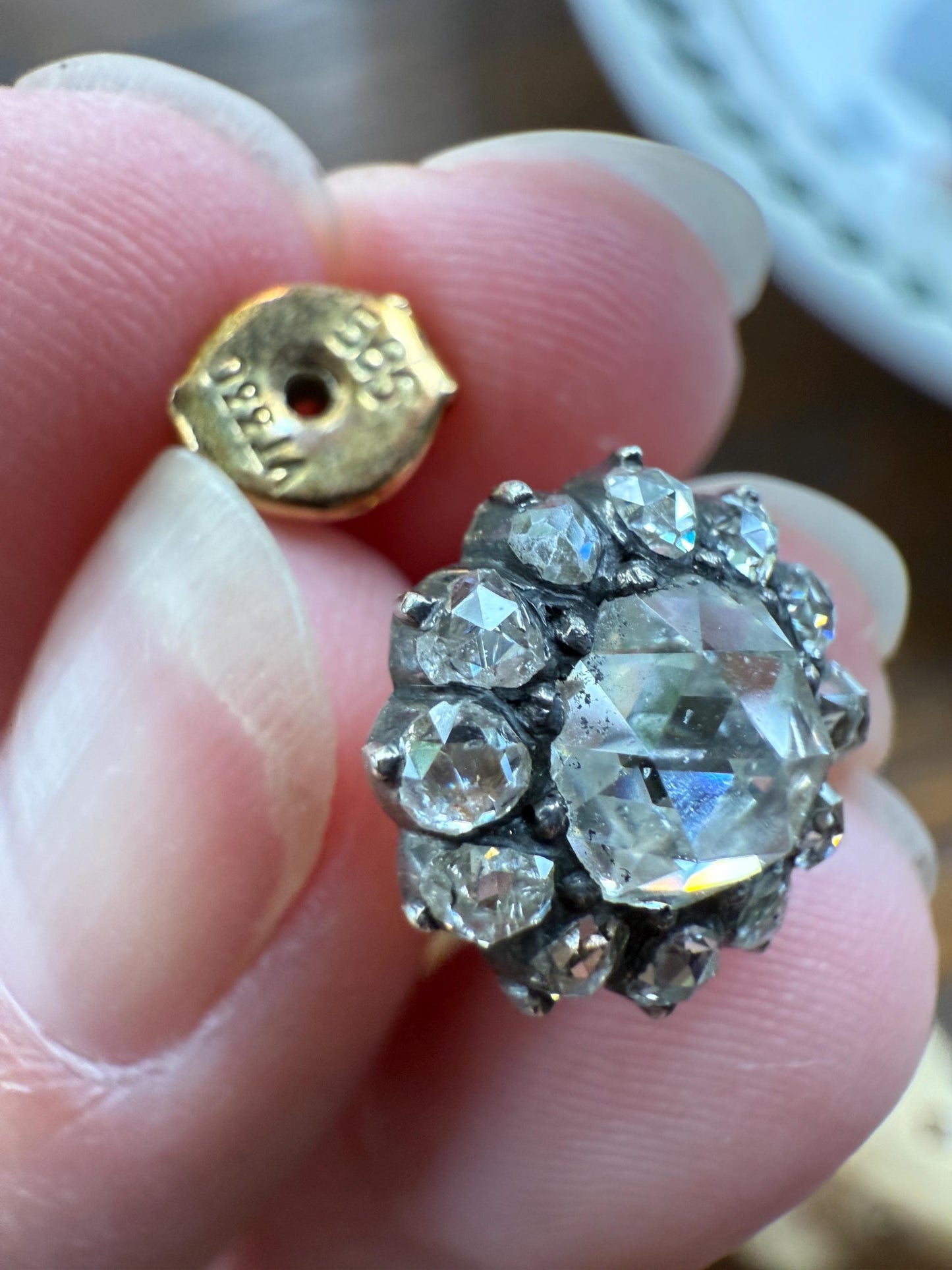 Gorgeous Rose Cut DIAMOND Cluster Stud Earrings Domed Disco Balls w/ Halo 14k Gold Silver Chunky Foiled Stones A+ Rainbow Glitter