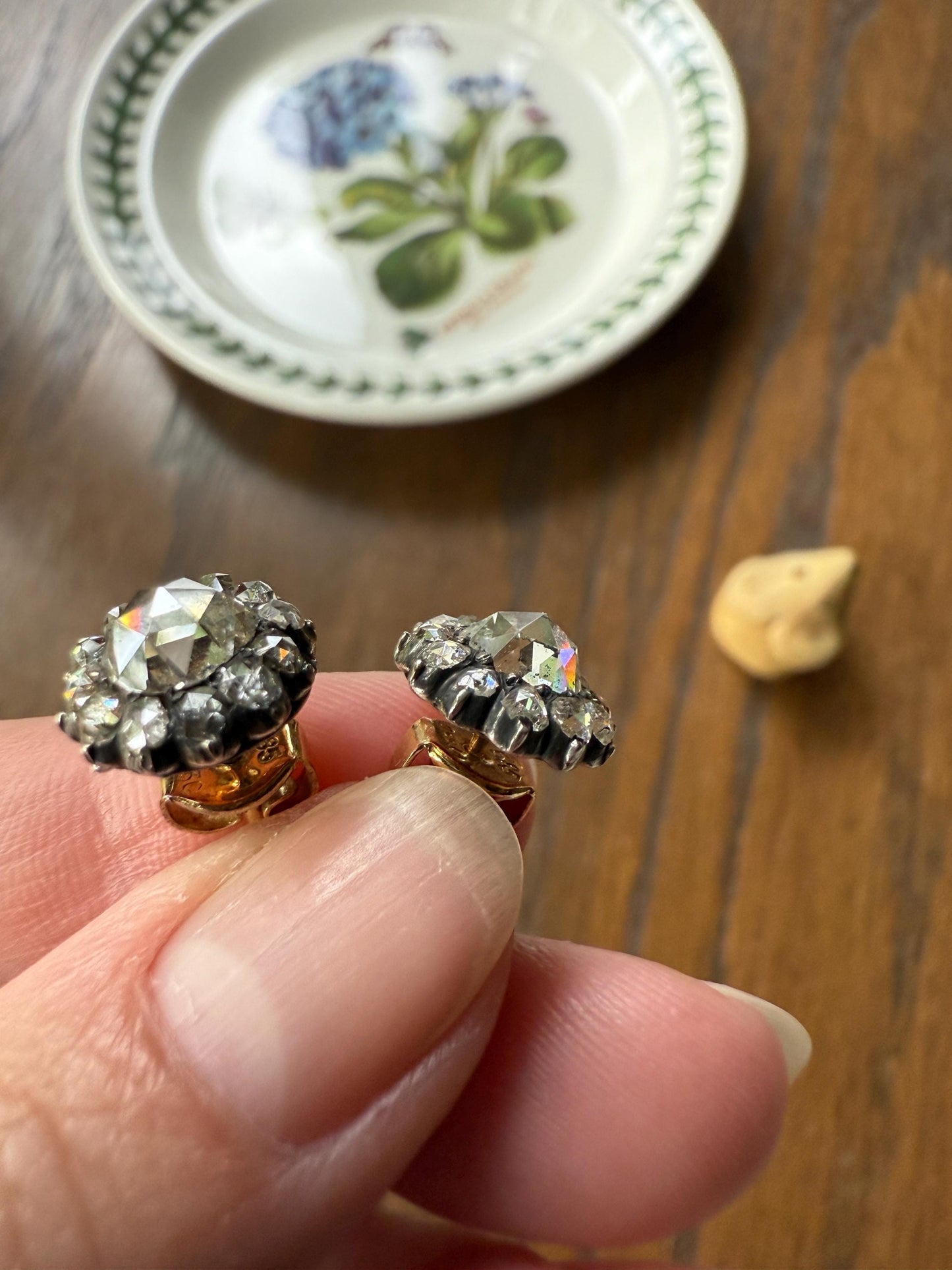 Gorgeous Rose Cut DIAMOND Cluster Stud Earrings Domed Disco Balls w/ Halo 14k Gold Silver Chunky Foiled Stones A+ Rainbow Glitter
