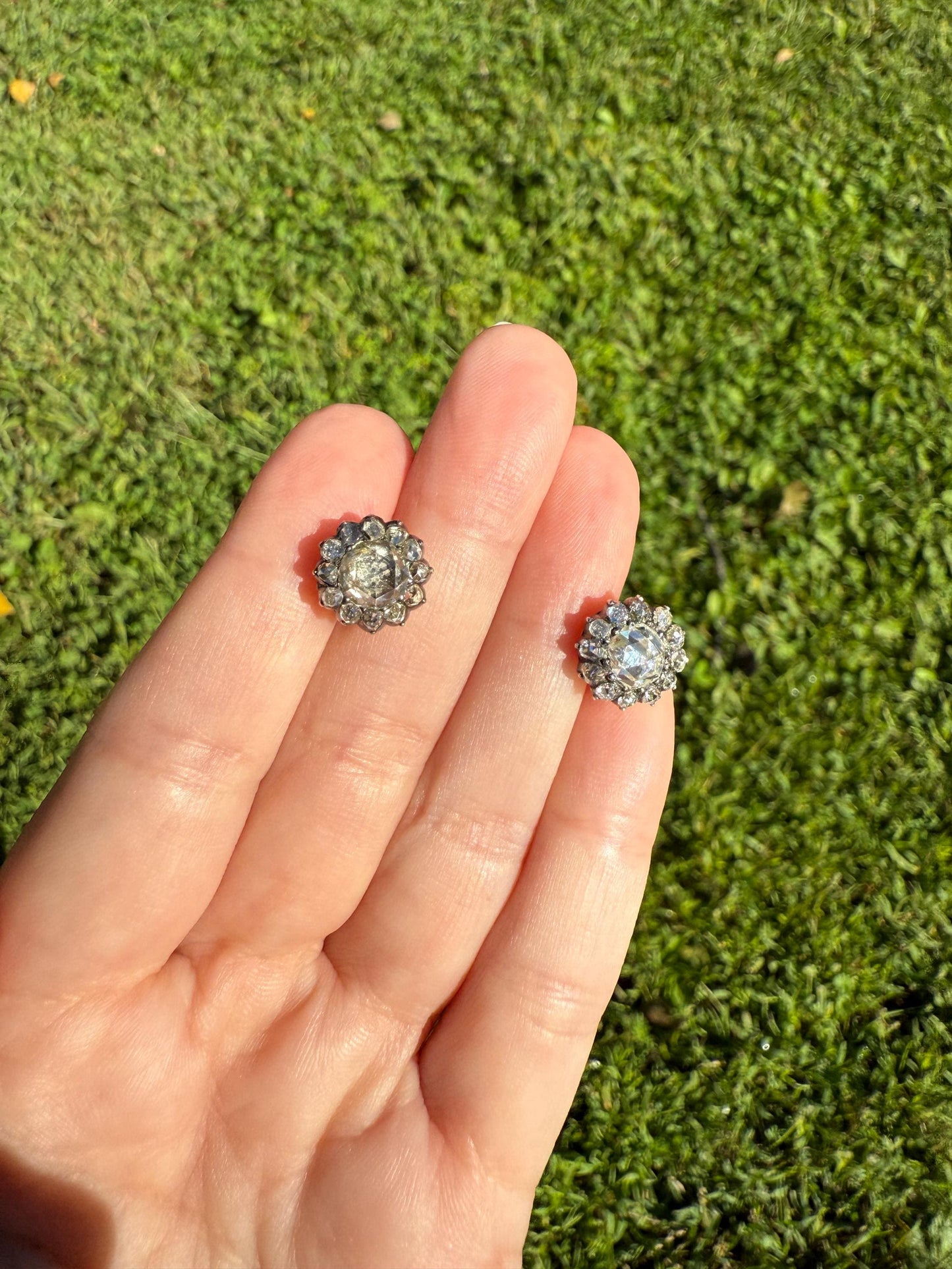 Gorgeous Rose Cut DIAMOND Cluster Stud Earrings Domed Disco Balls w/ Halo 14k Gold Silver Chunky Foiled Stones A+ Rainbow Glitter