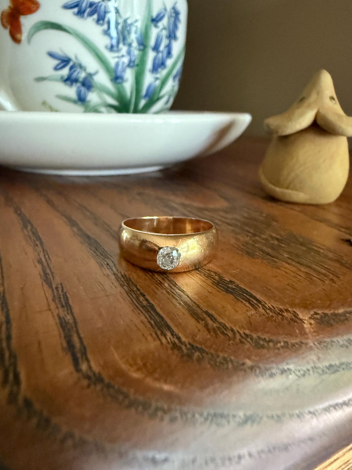 French Antique .3 Carat Old Mine Cut Diamond Gypsy Ring 18k GOLD Domed Band Solitaire Stacker Art Deco Romantic Gift Unisex Man Lady