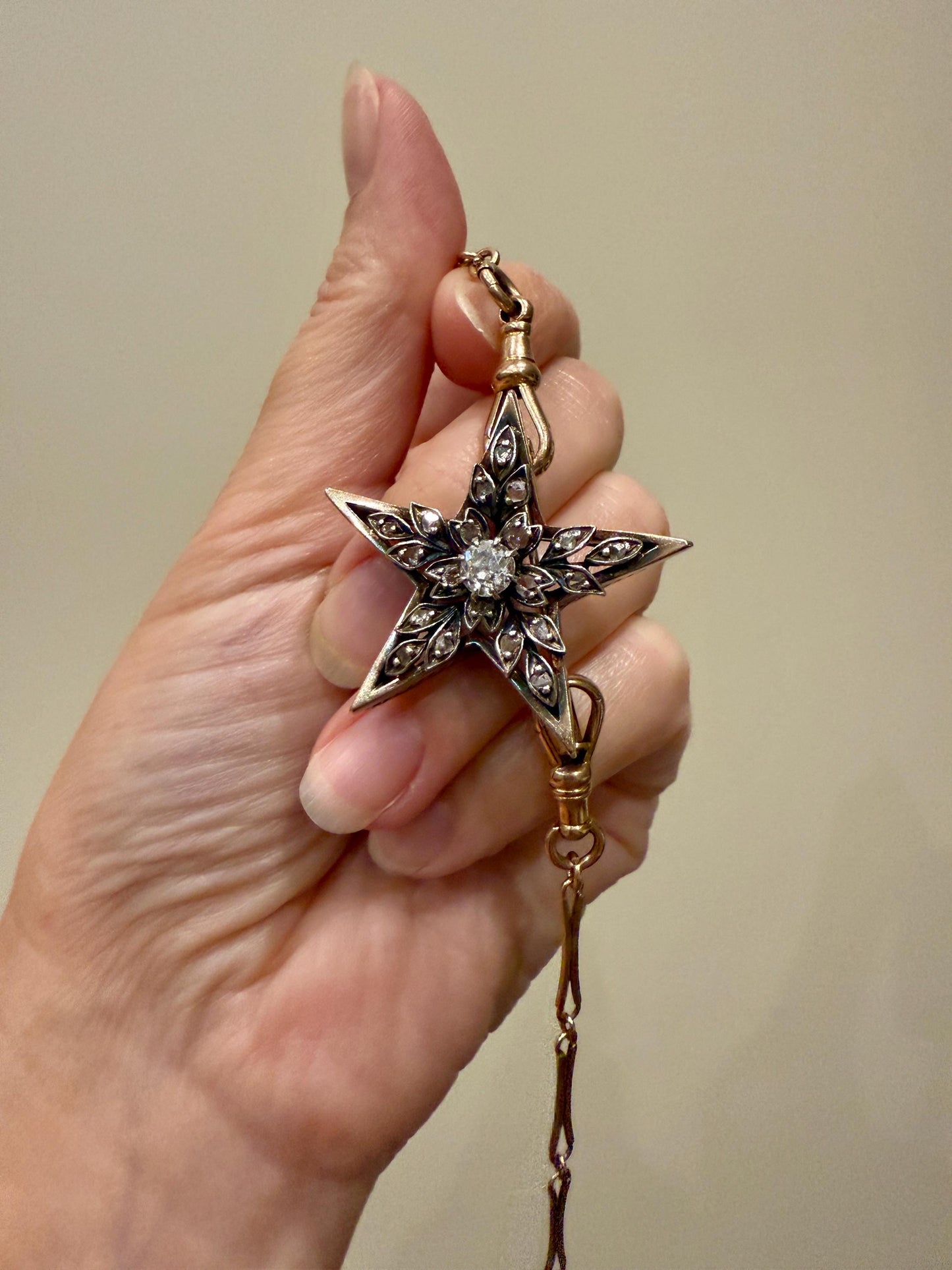 STAR Large Antique 20 Rose Cut & Center Old Mine Cut DIAMOND Leaf Cluster Brooch for PENDANT 18k Gold Silver Pin Victorian Gift Belle Epoque