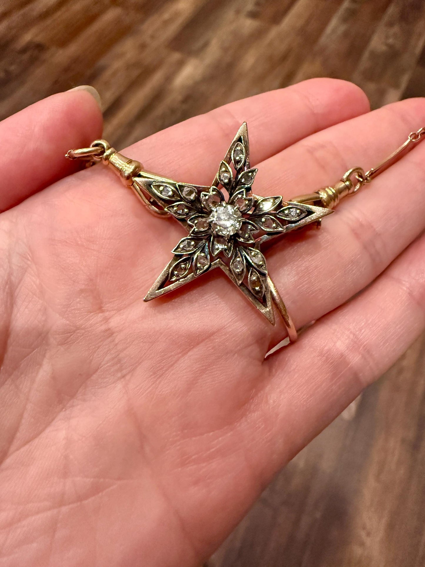 STAR Large Antique 20 Rose Cut & Center Old Mine Cut DIAMOND Leaf Cluster Brooch for PENDANT 18k Gold Silver Pin Victorian Gift Belle Epoque