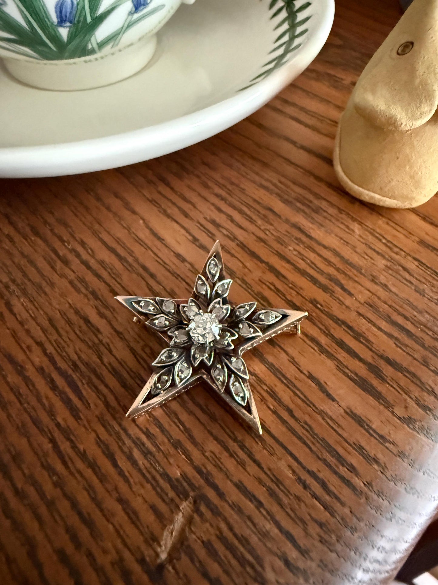 STAR Large Antique 20 Rose Cut & Center Old Mine Cut DIAMOND Leaf Cluster Brooch for PENDANT 18k Gold Silver Pin Victorian Gift Belle Epoque