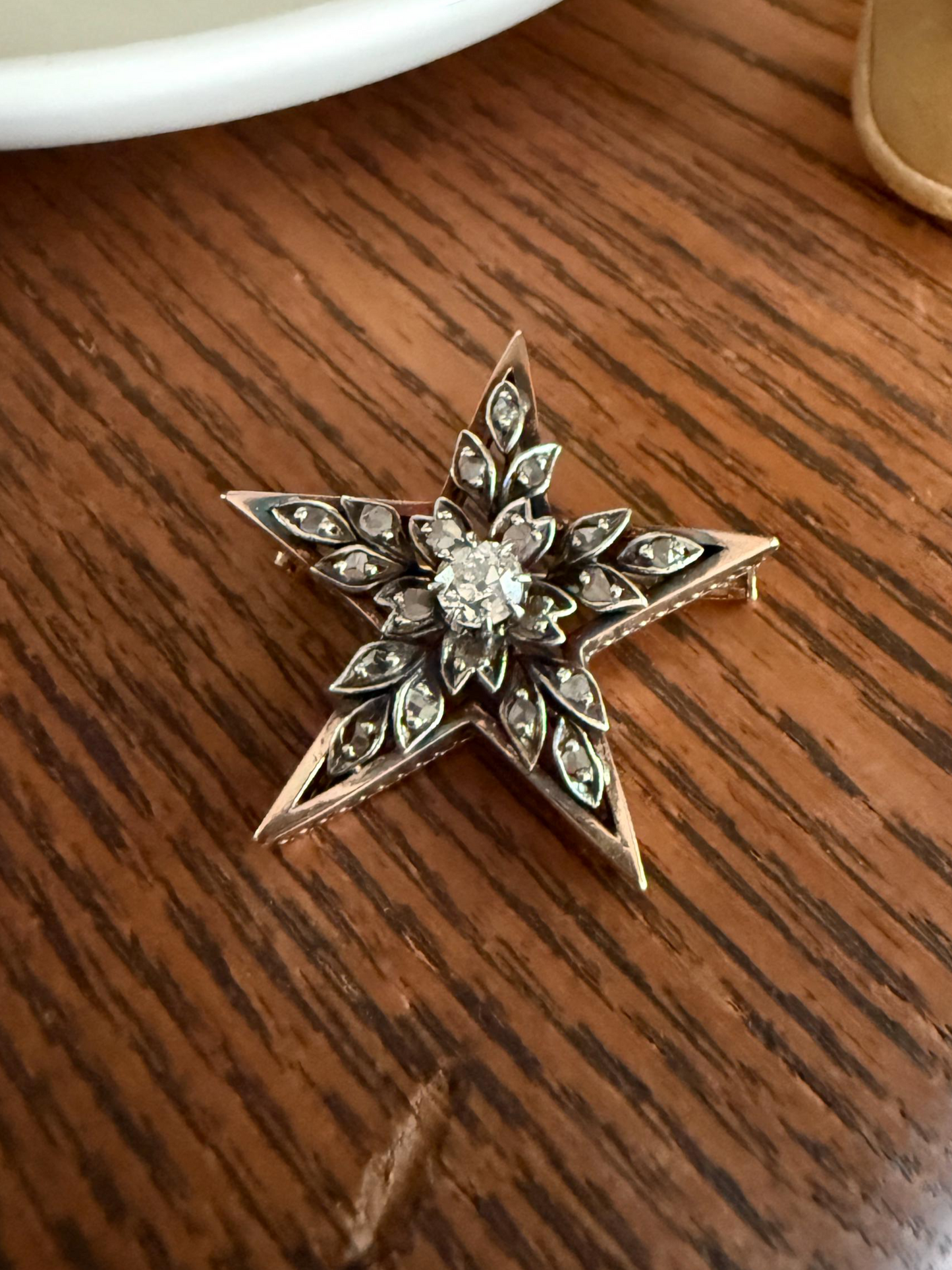STAR Large Antique 20 Rose Cut & Center Old Mine Cut DIAMOND Leaf Cluster Brooch for PENDANT 18k Gold Silver Victorian