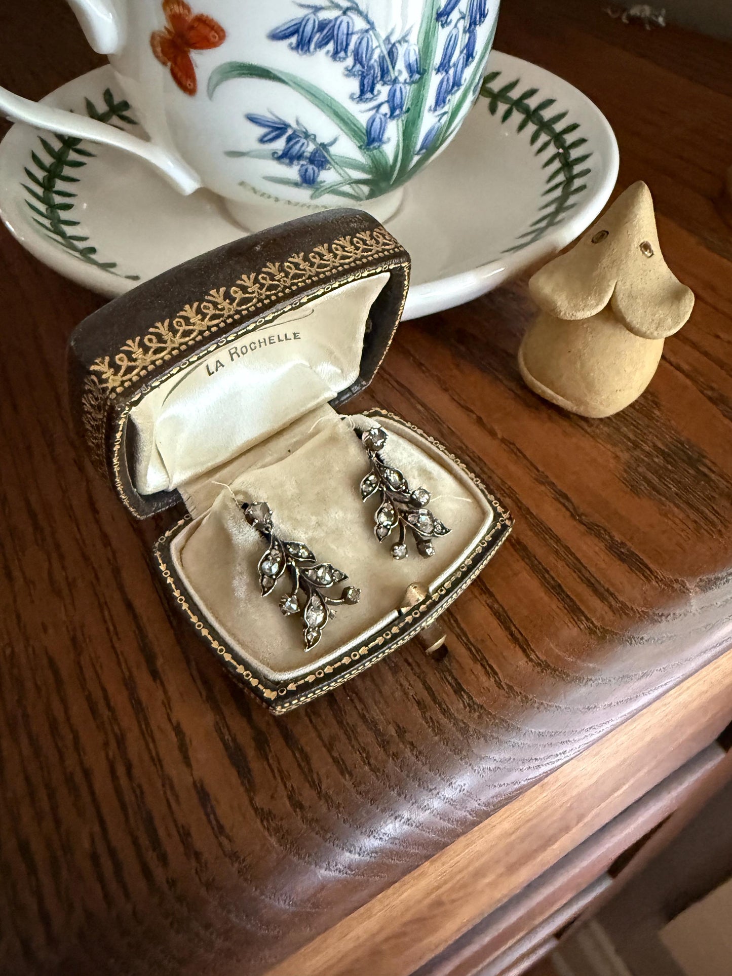 Leaf Rose Cut DIAMOND Dangle Figural Earrings 18k Gold Silver Ornate Three Part Drops Floral Leaf Victorian Georgian Bridal Something Old