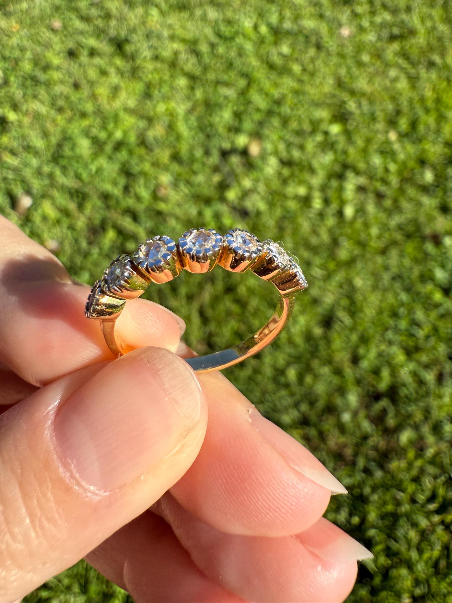 Seven Stone Open Backed Rose Cut DIAMOND Half Hoop Eternity 18k Gold Ring Stacker Tall Antique Style Splayed Skinny Wedding Anniversary Gift