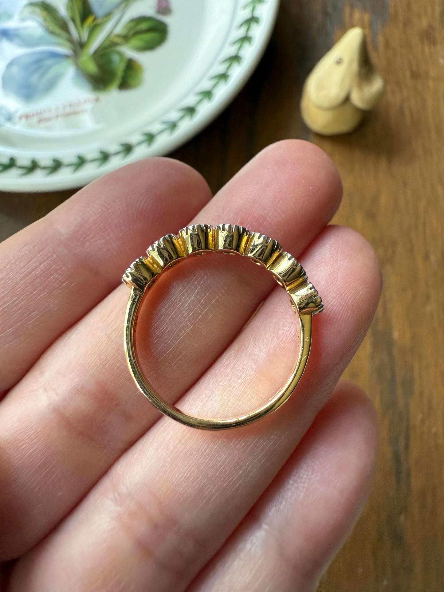 Seven Stone Open Backed Rose Cut DIAMOND Half Hoop Eternity 18k Gold Ring Stacker Tall Antique Style Splayed Skinny Wedding Anniversary Gift