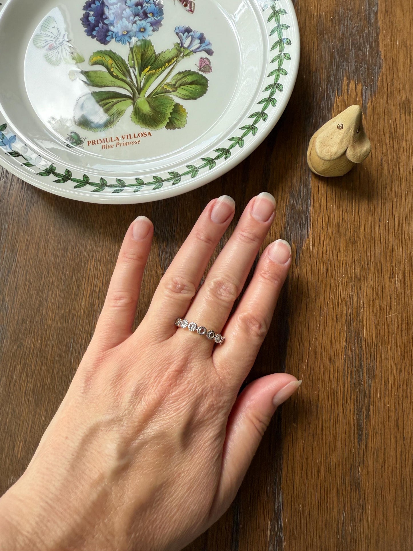 Seven Stone Open Backed Rose Cut DIAMOND Half Hoop Eternity 18k Gold Ring Stacker Tall Antique Style Splayed Skinny Wedding Anniversary Gift