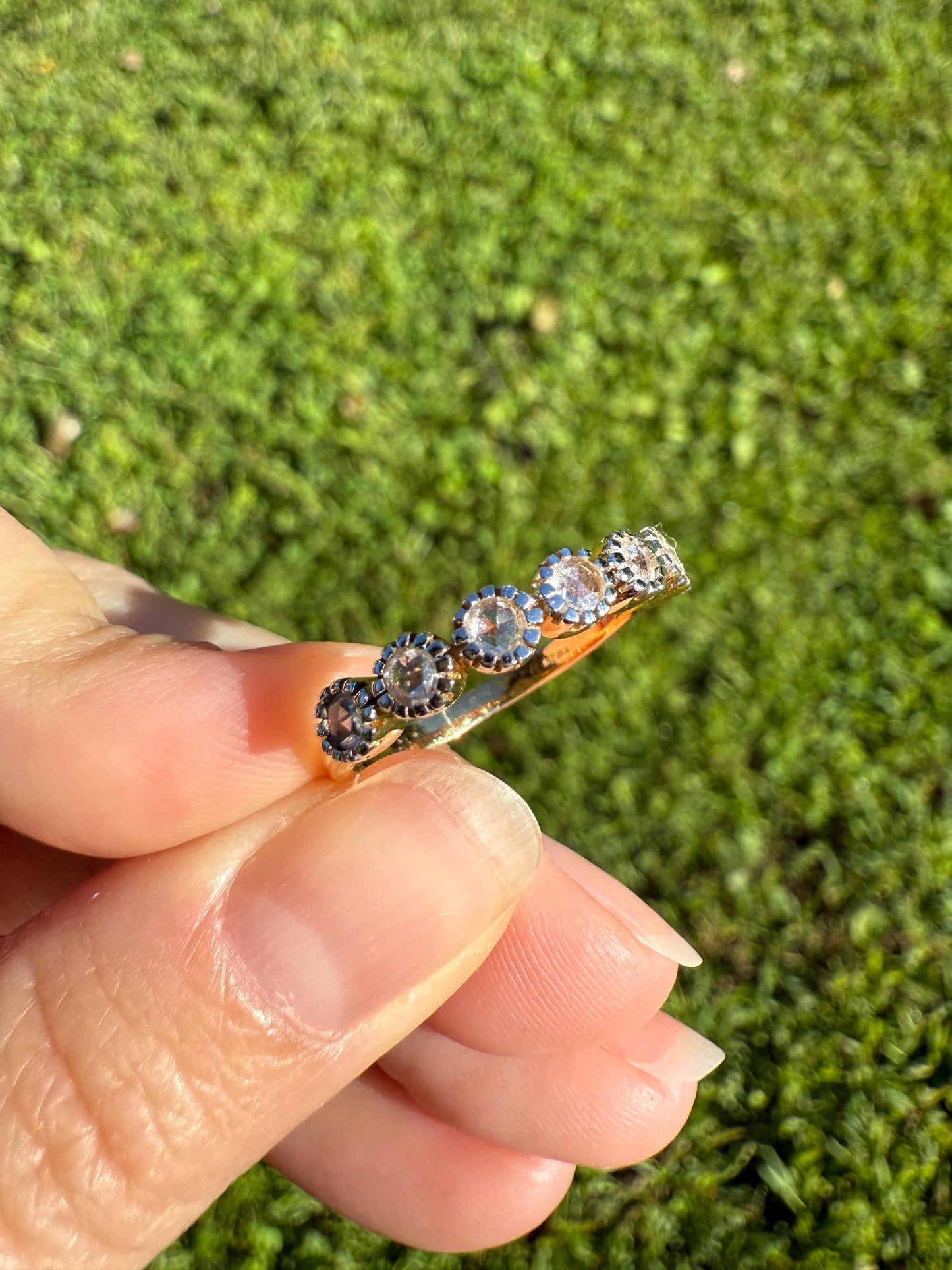 Seven Stone Open Backed Rose Cut DIAMOND Half Hoop Eternity 18k Gold Ring Stacker Tall Antique Style Splayed Skinny Wedding Anniversary Gift