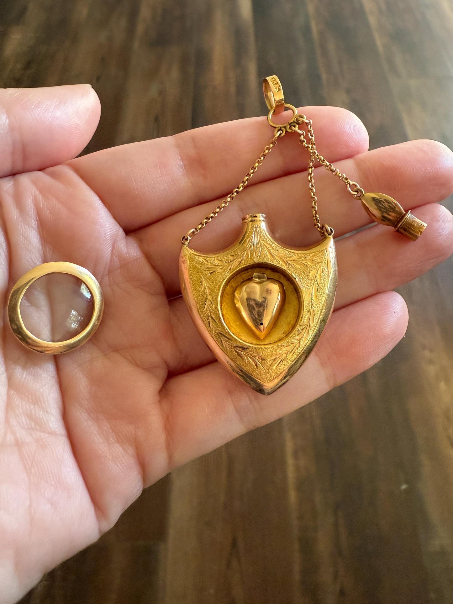 SHIELD w/ HEART Locket Georgian Era Antique FLASK Pendant Figural 18k Gold Large Swedish Vinaigrette w/ Stopper Unique Love Gift Victorian