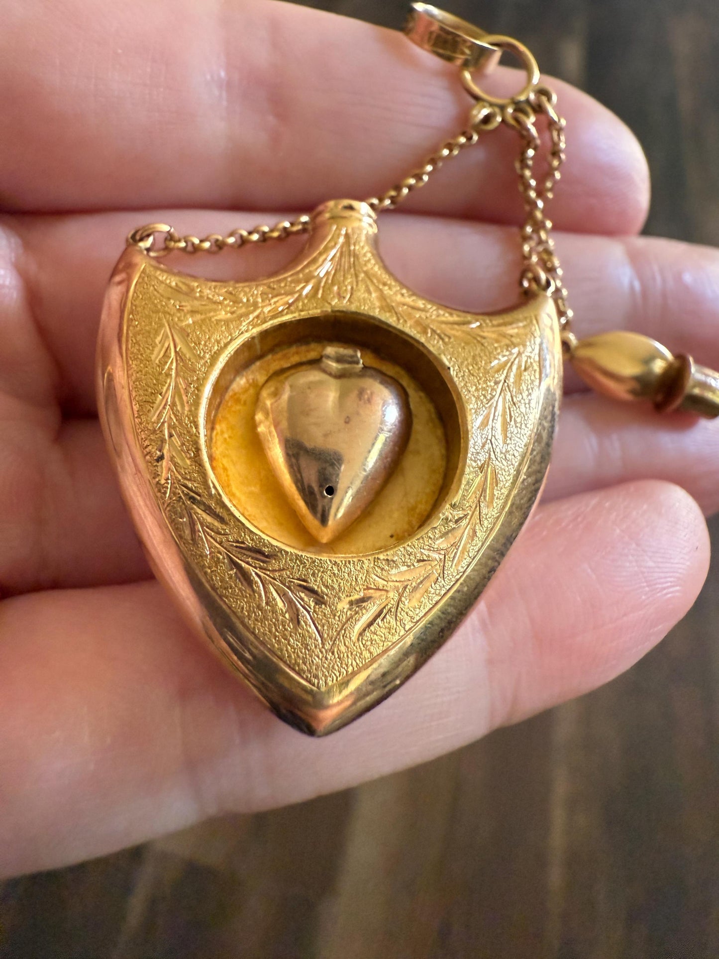 SHIELD w/ HEART Locket Georgian Era Antique FLASK Pendant Figural 18k Gold Large Swedish Vinaigrette w/ Stopper Unique Love Gift Victorian