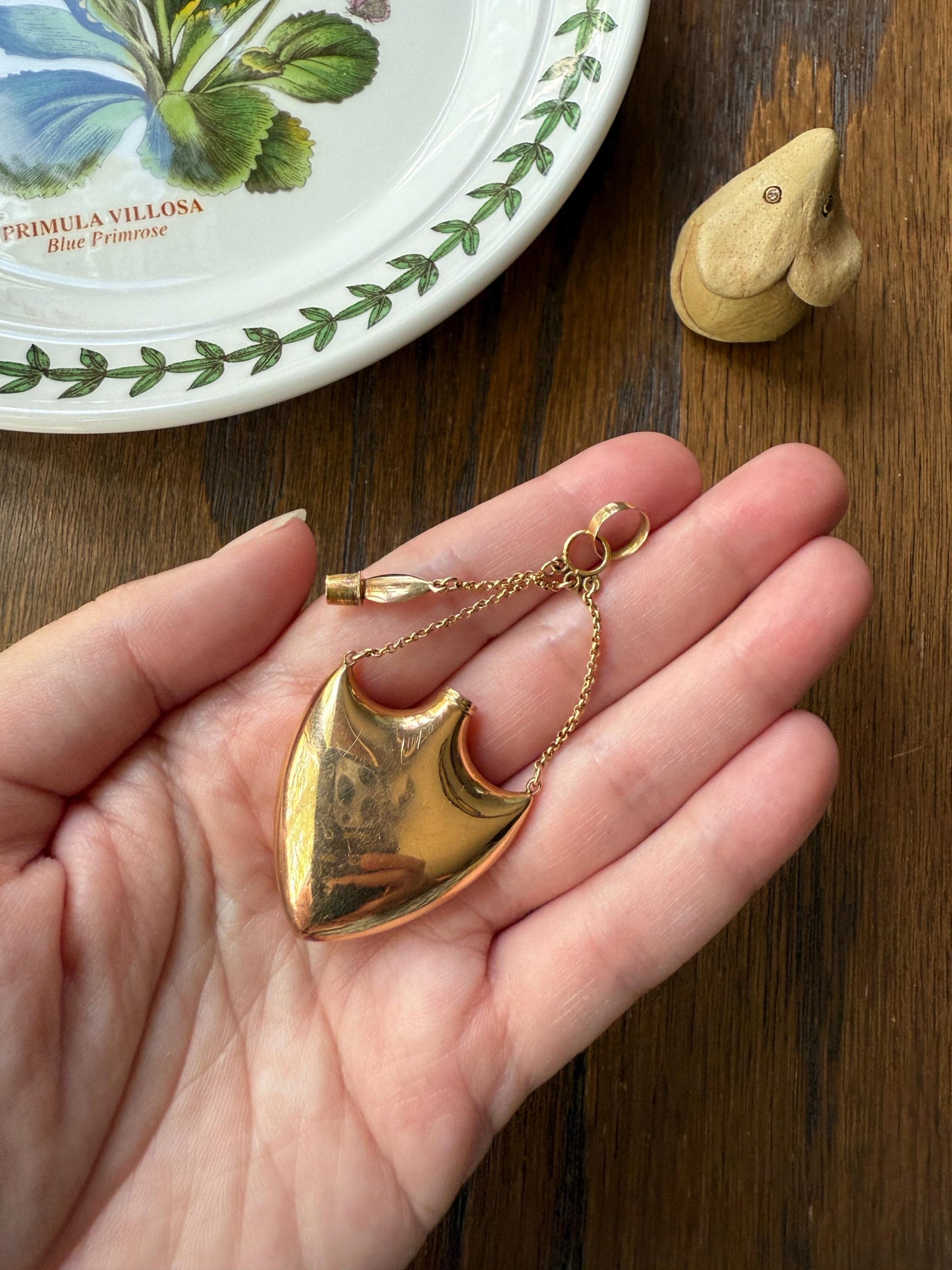 SHIELD w/ HEART Locket Georgian Era Antique FLASK Pendant Figural 18k Gold Large Swedish Vinaigrette w/ Stopper Unique Love Gift Victorian