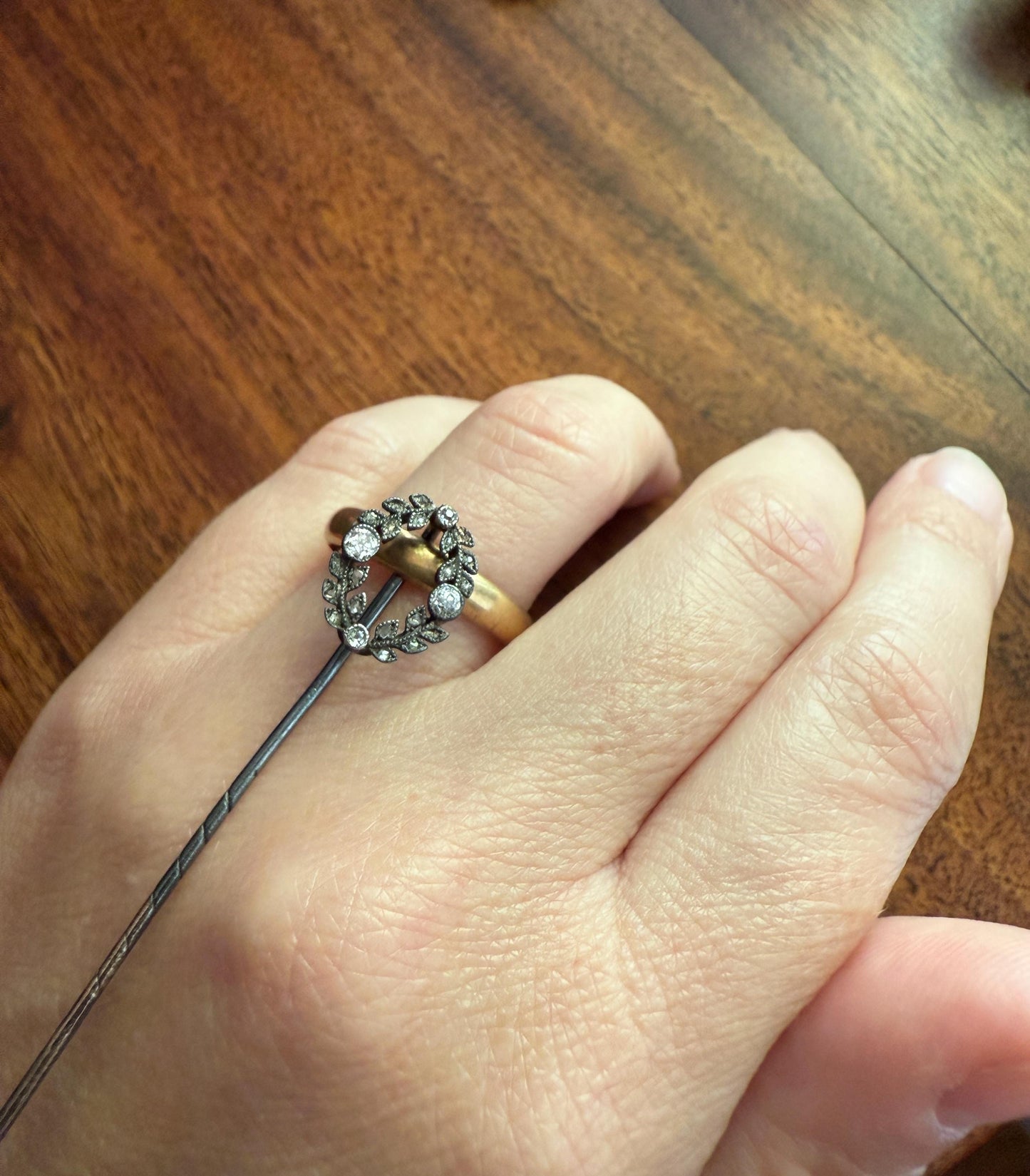 GARLAND Figural Old Mine Rose Cut DIAMOND Antique Stick Pin c1920for Ring Pendant Bracelet Conversion 18k White Gold Silver Edwardian Deco