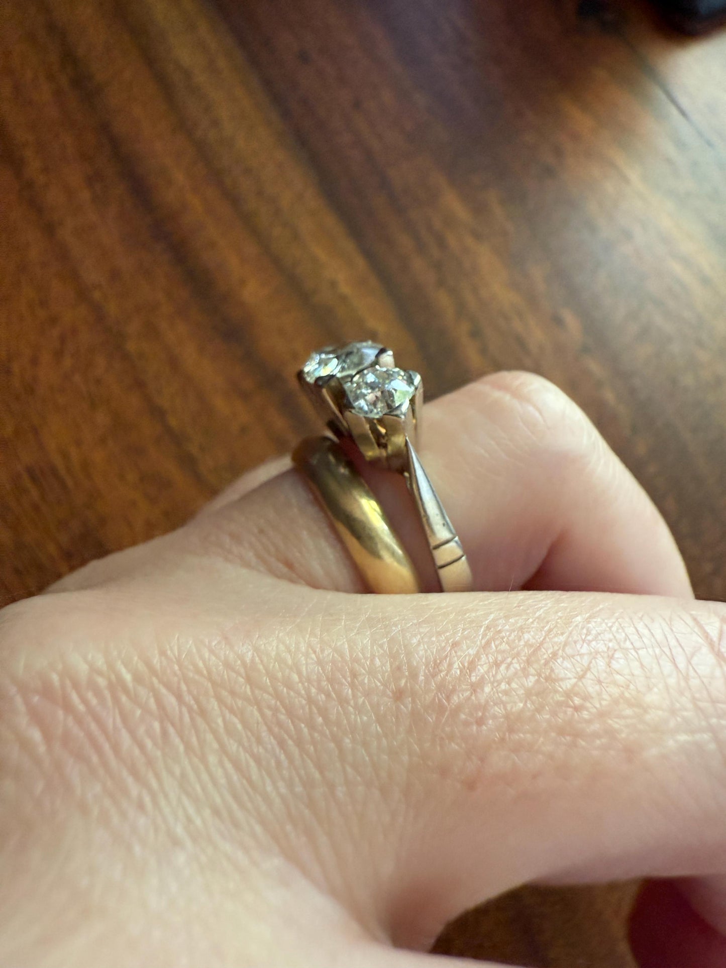 TALL Antique 2 CARATS Three Stone Chunky Old Mine Cut Diamond Ring 18k White Gold Stackable Band Geometric Square Prong Art Deco 2Ctw OMC