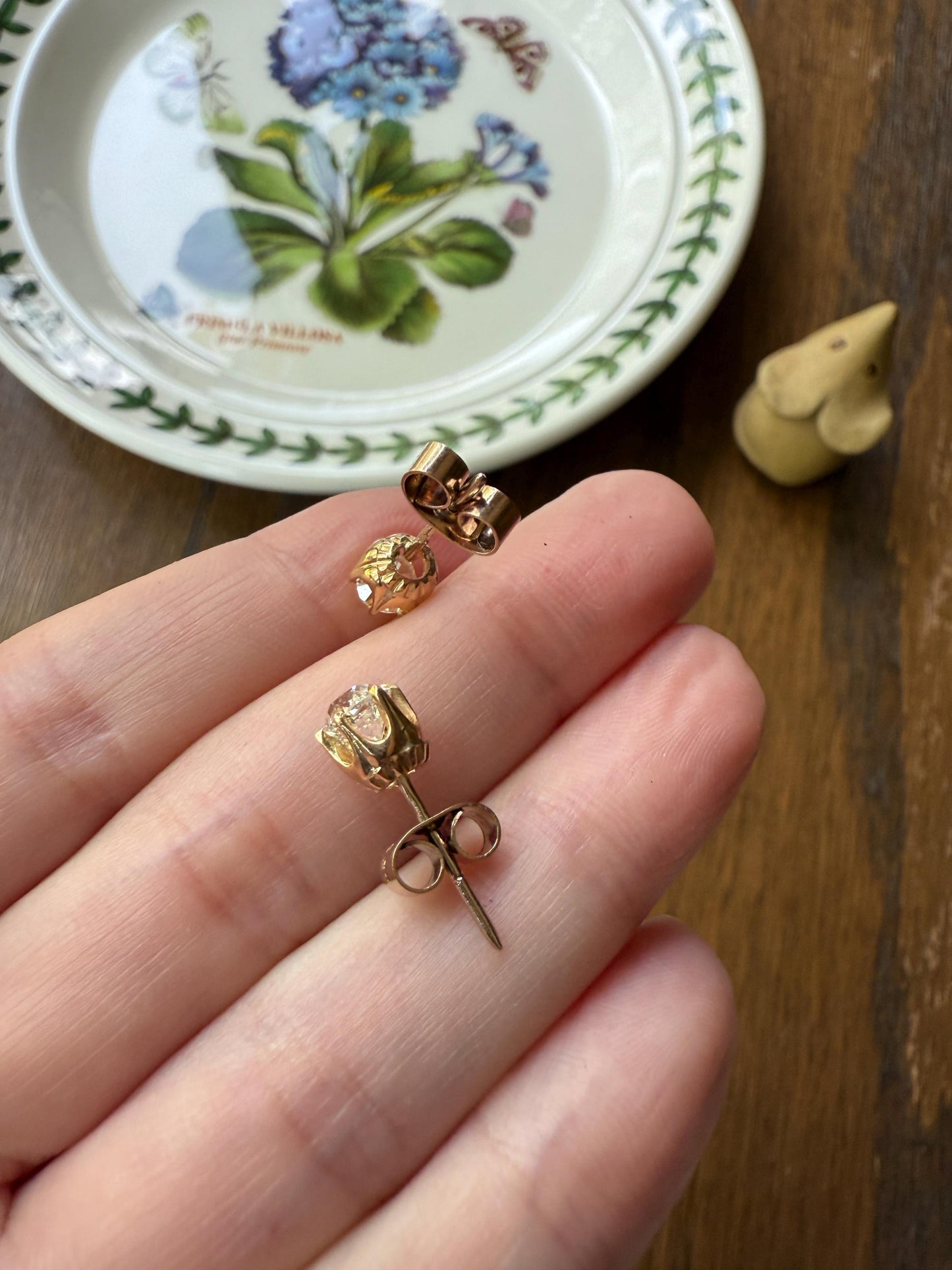 Antique 1 Carat 1Ctw. Cushion Cut Old Mine Cut DIAMOND Stud Earrings 18k GOLD Setting 9k Backs Romantic Gift Minimalist Earstack