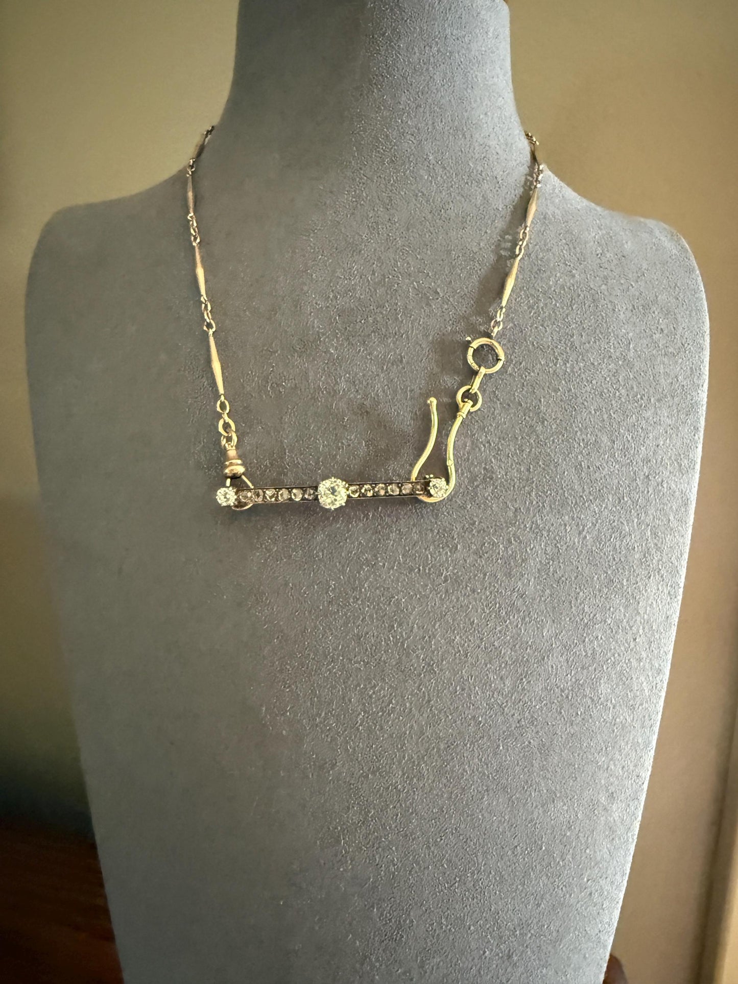 Antique 1.75 Carat Old Mine Rose Cut DIAMOND Encrusted 14k Gold Bar Brooch Victorian Extender Connector Pendant Conv. Chunky Bridal Hair Pin