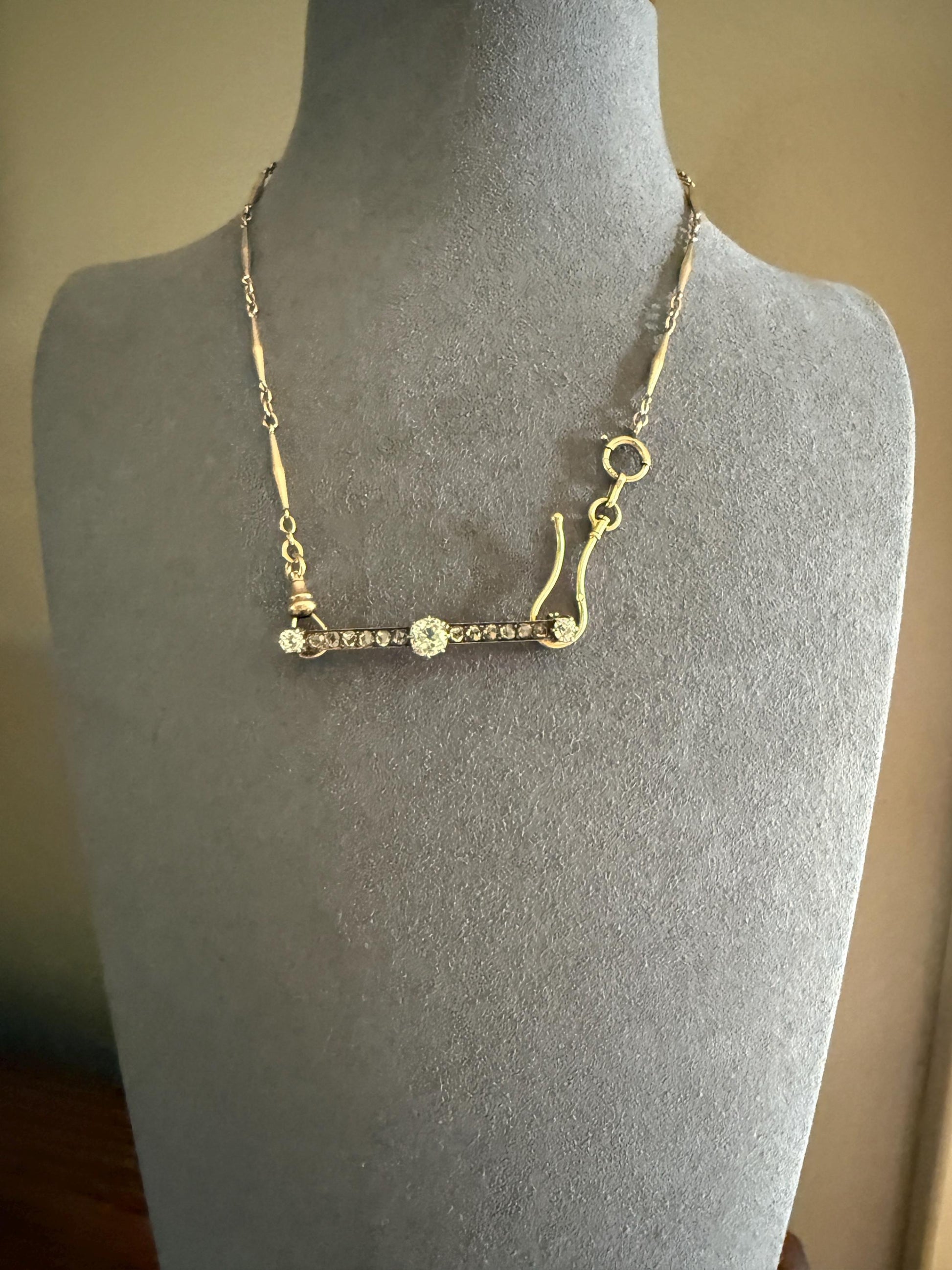 Antique 1.75 Carat Old Mine Rose Cut DIAMOND Encrusted 14k Gold Bar Brooch Victorian Extender Connector Pendant Conv. Chunky Bridal Hair Pin