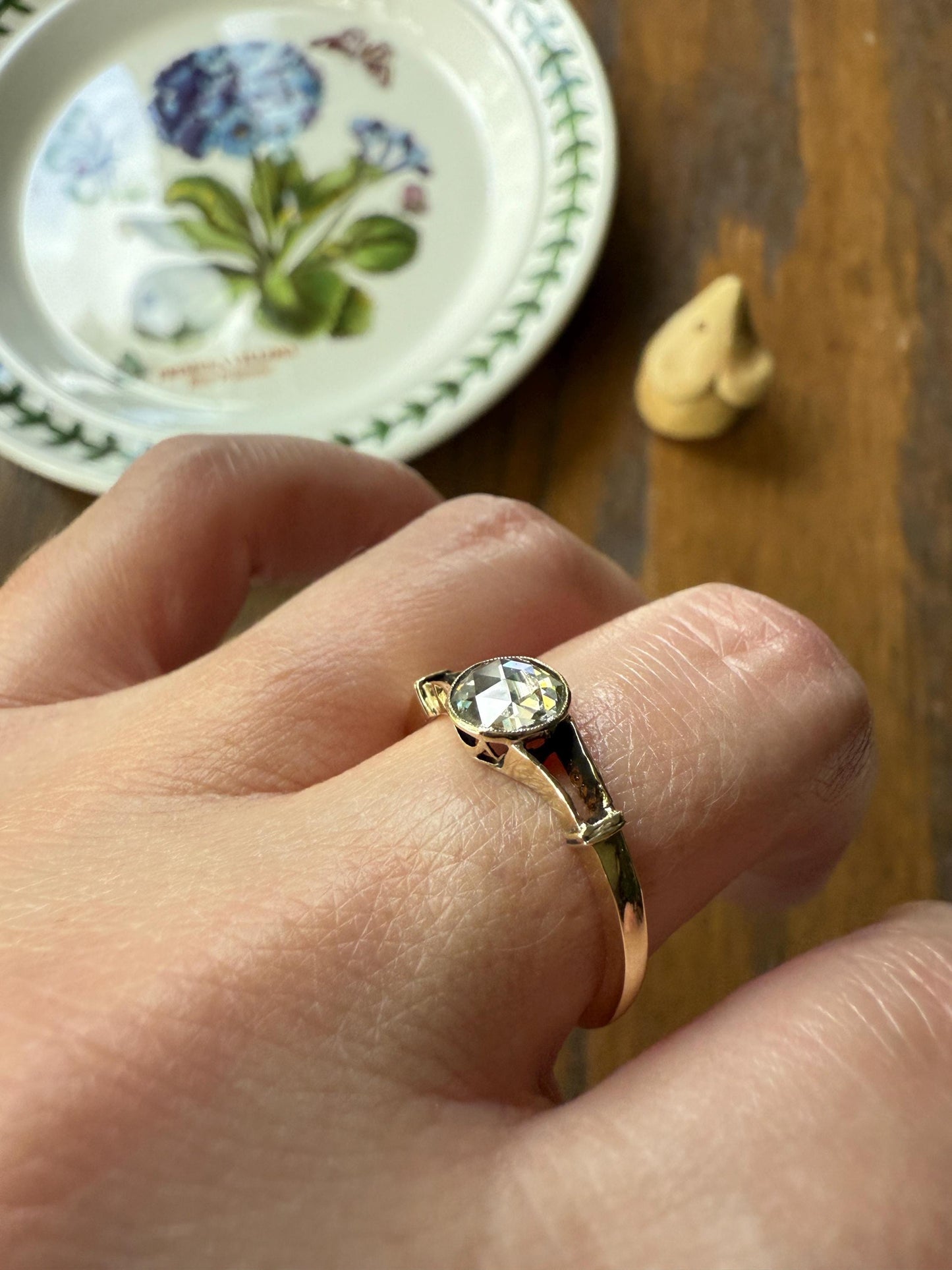 Antique 6.2mm Rose Cut DIAMOND Solitaire 14k Gold Ring Bezel Set Stacker Open Work Shoulders 1 Carat Face Up