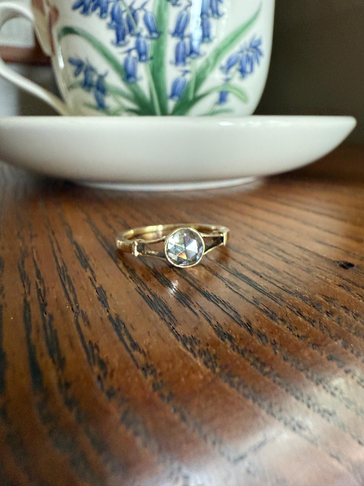 Antique 6.2mm Rose Cut DIAMOND Solitaire 14k Gold Ring Bezel Set Stacker Open Work Shoulders 1 Carat Face Up