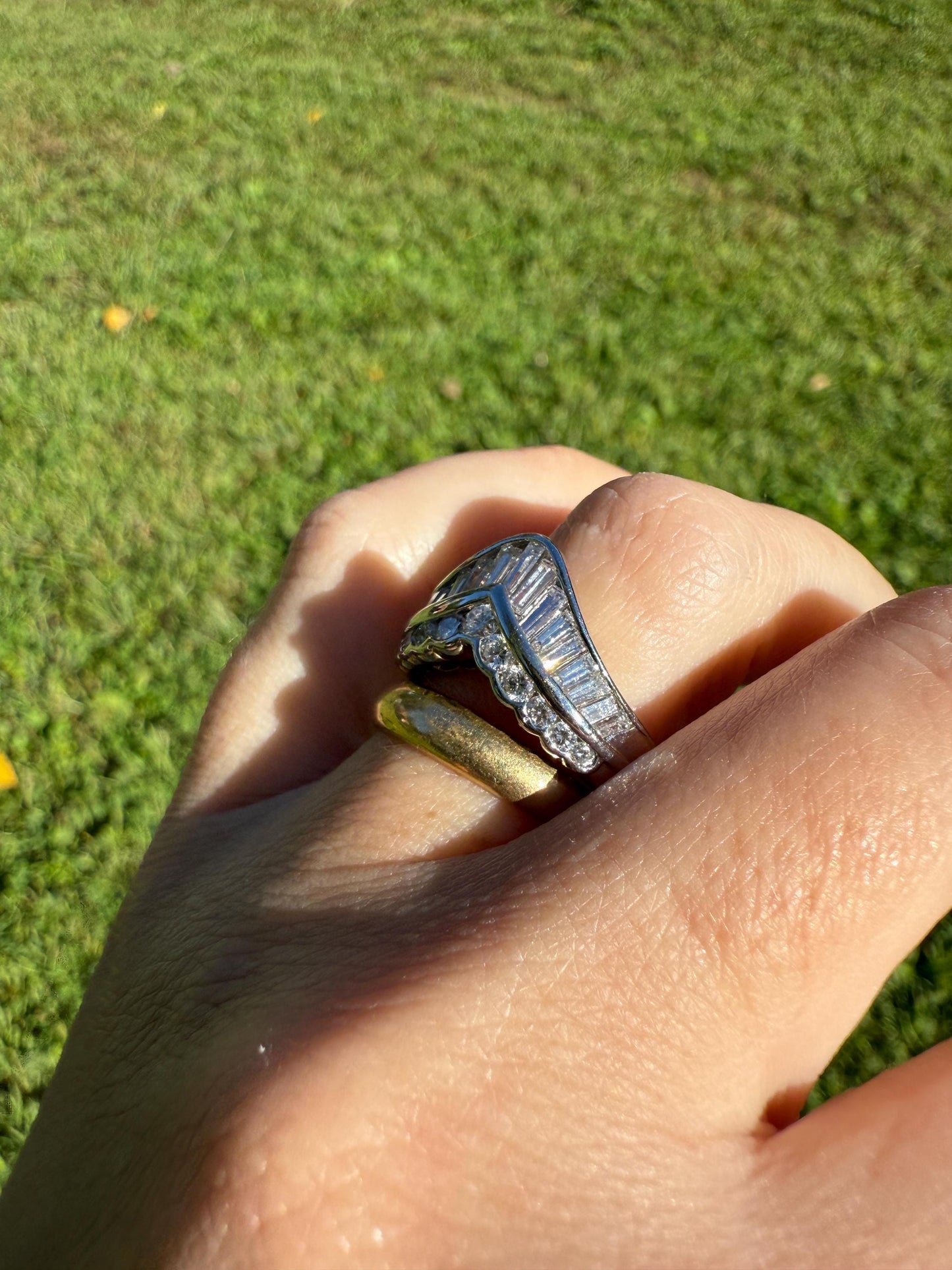 Chevron TIARA 1.5 Carat Baguette Brilliant Cut Diamonds French 8.5g PLATINUM Vintage V Ring Stacker Wedding Engagement Wide Band Chunky Gift