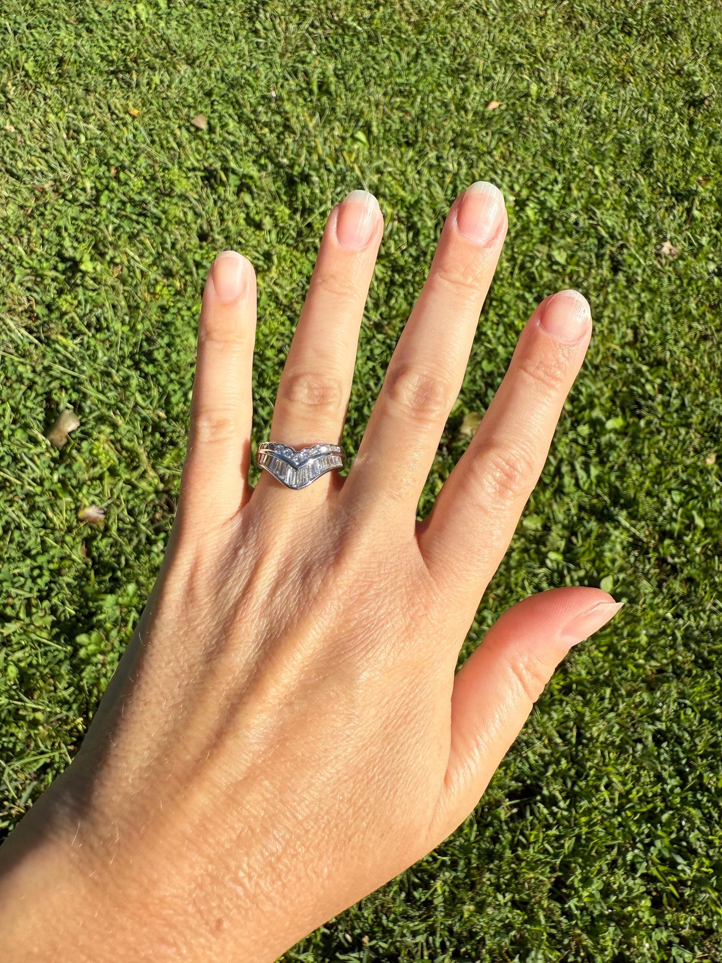 Chevron TIARA 1.5 Carat Baguette Brilliant Cut Diamonds French 8.5g PLATINUM Vintage V Ring Stacker Wedding Engagement Wide Band Chunky Gift