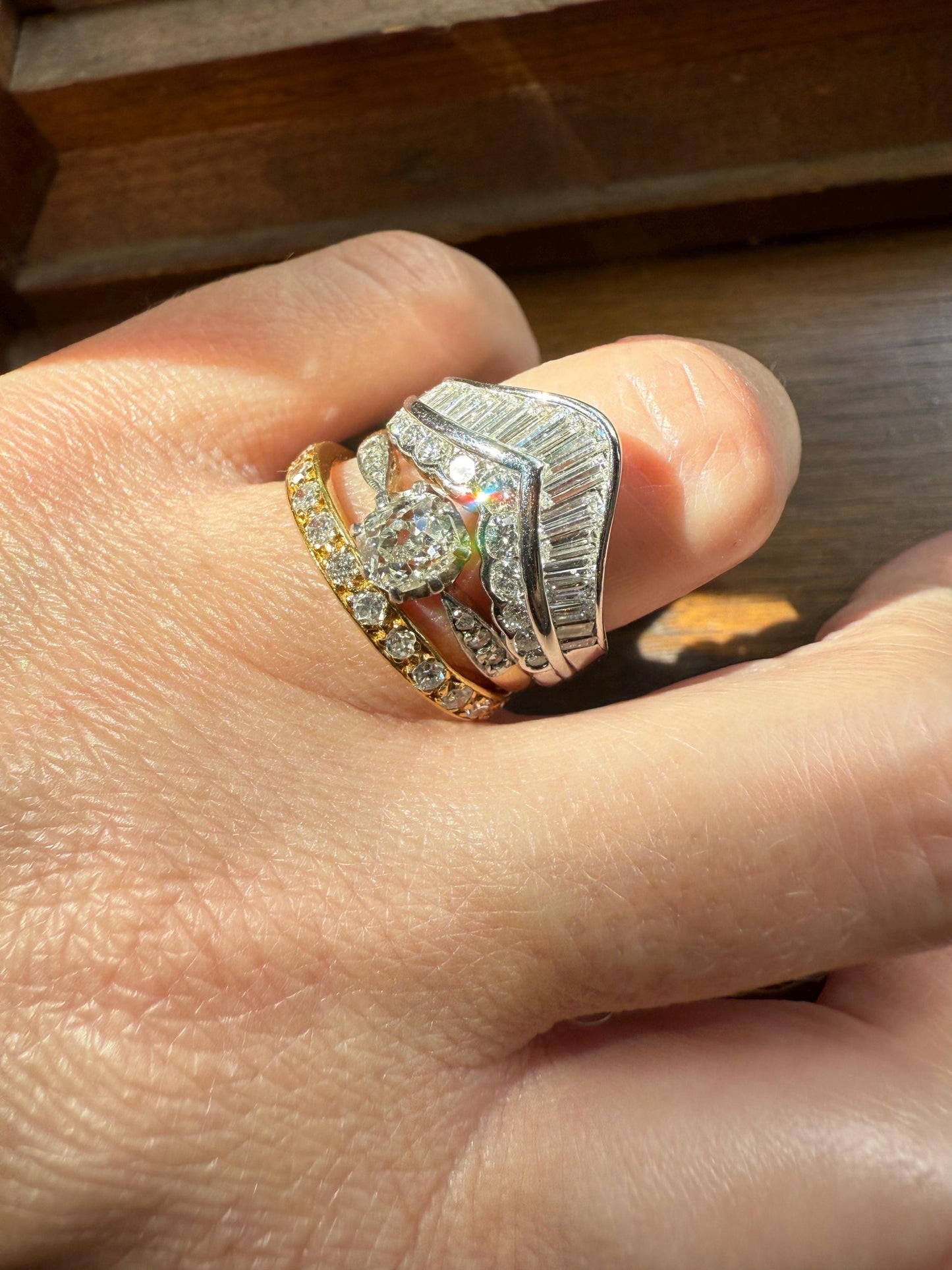 Chevron TIARA 1.5 Carat Baguette Brilliant Cut Diamonds French 8.5g PLATINUM Vintage V Ring Stacker Wedding Engagement Wide Band Chunky Gift
