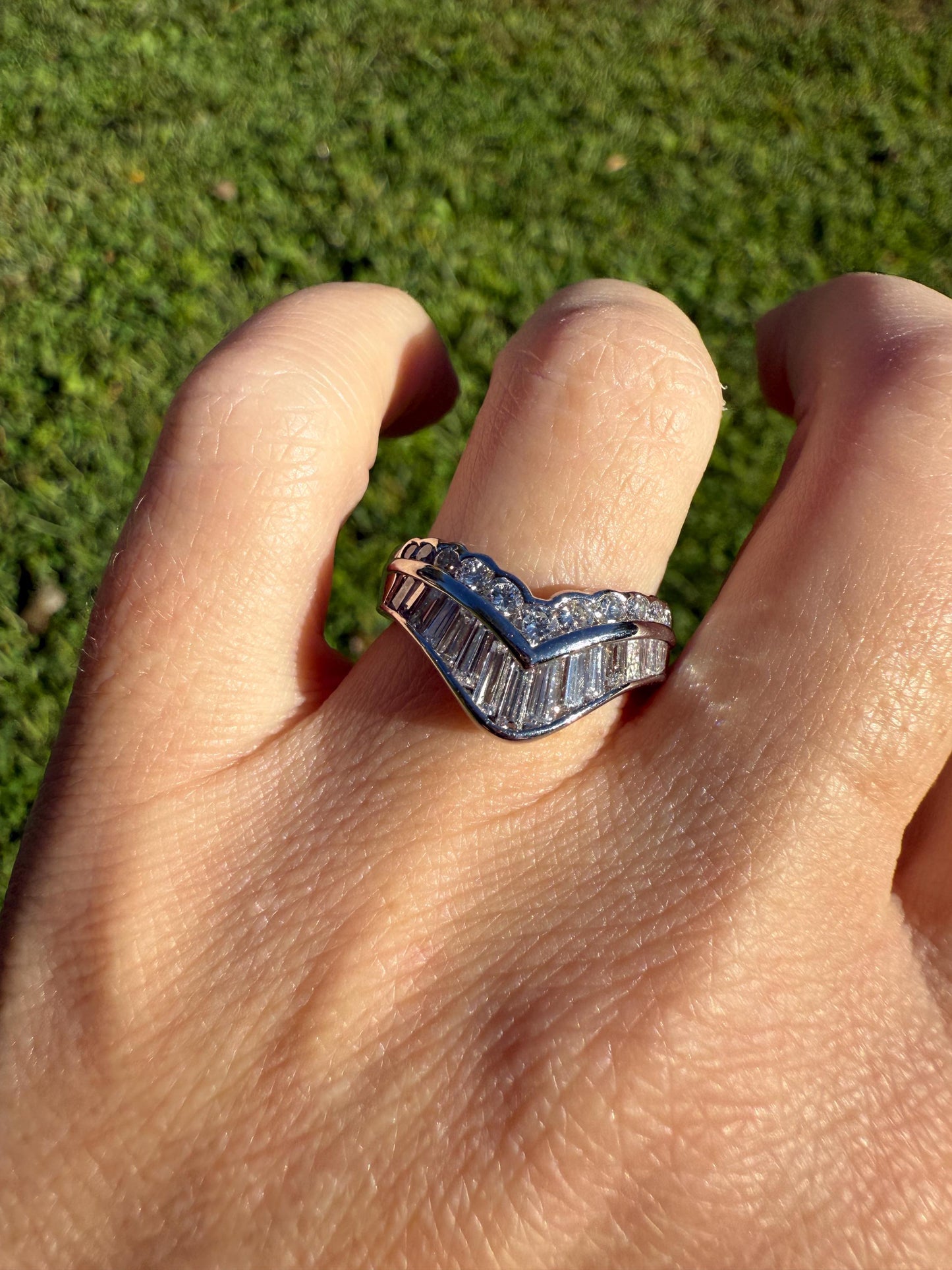 Chevron TIARA 1.5 Carat Baguette Brilliant Cut Diamonds French 8.5g PLATINUM Vintage V Ring Stacker Wedding Engagement Wide Band Chunky Gift
