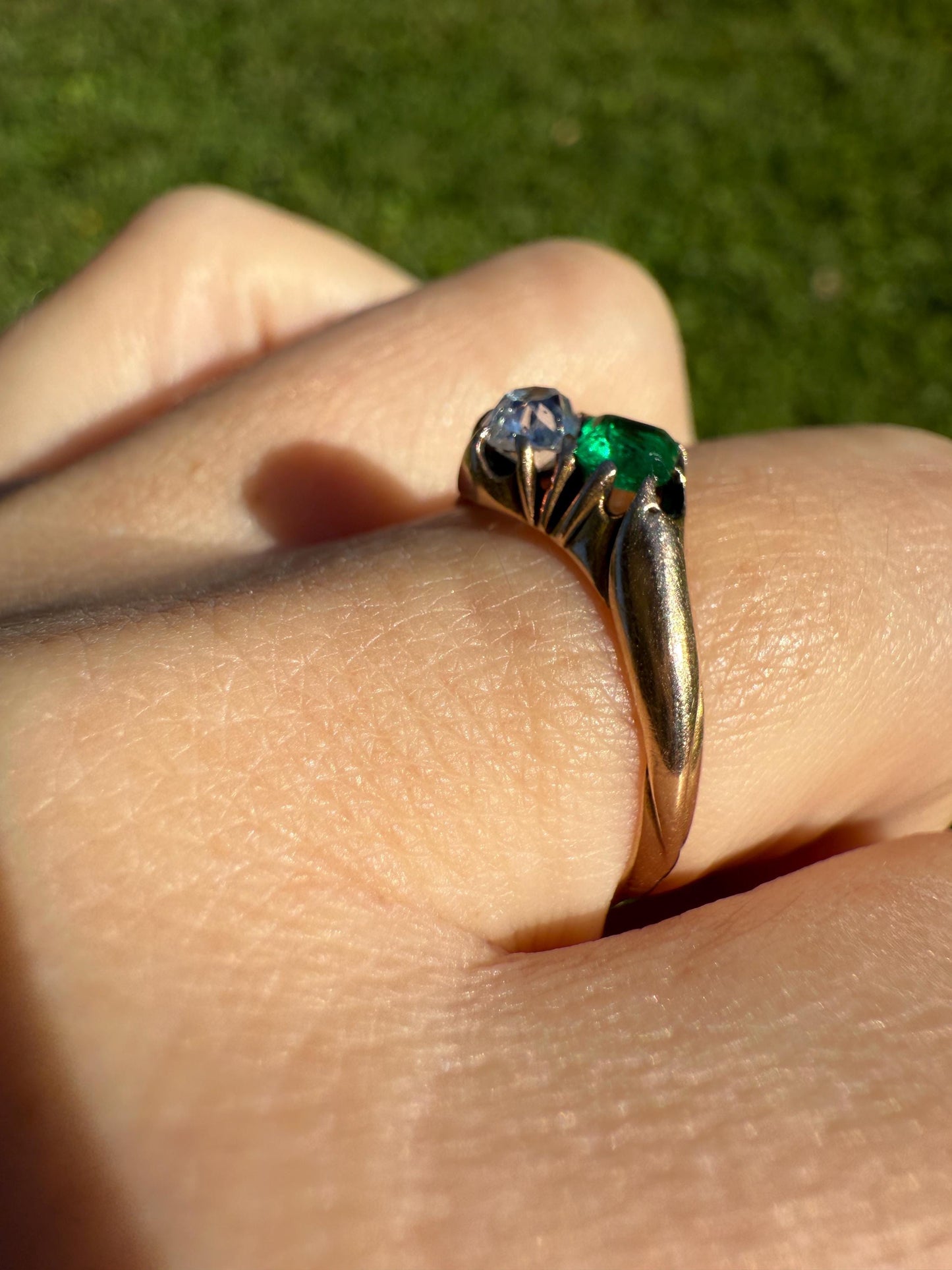 EMERALD Old Mine Cut DIAMOND Antique Toi et Moi Ring 14k Gold Angled Cushion Cut Swirl Shoulders Romantic Gift Green Stacker Chunky OMC
