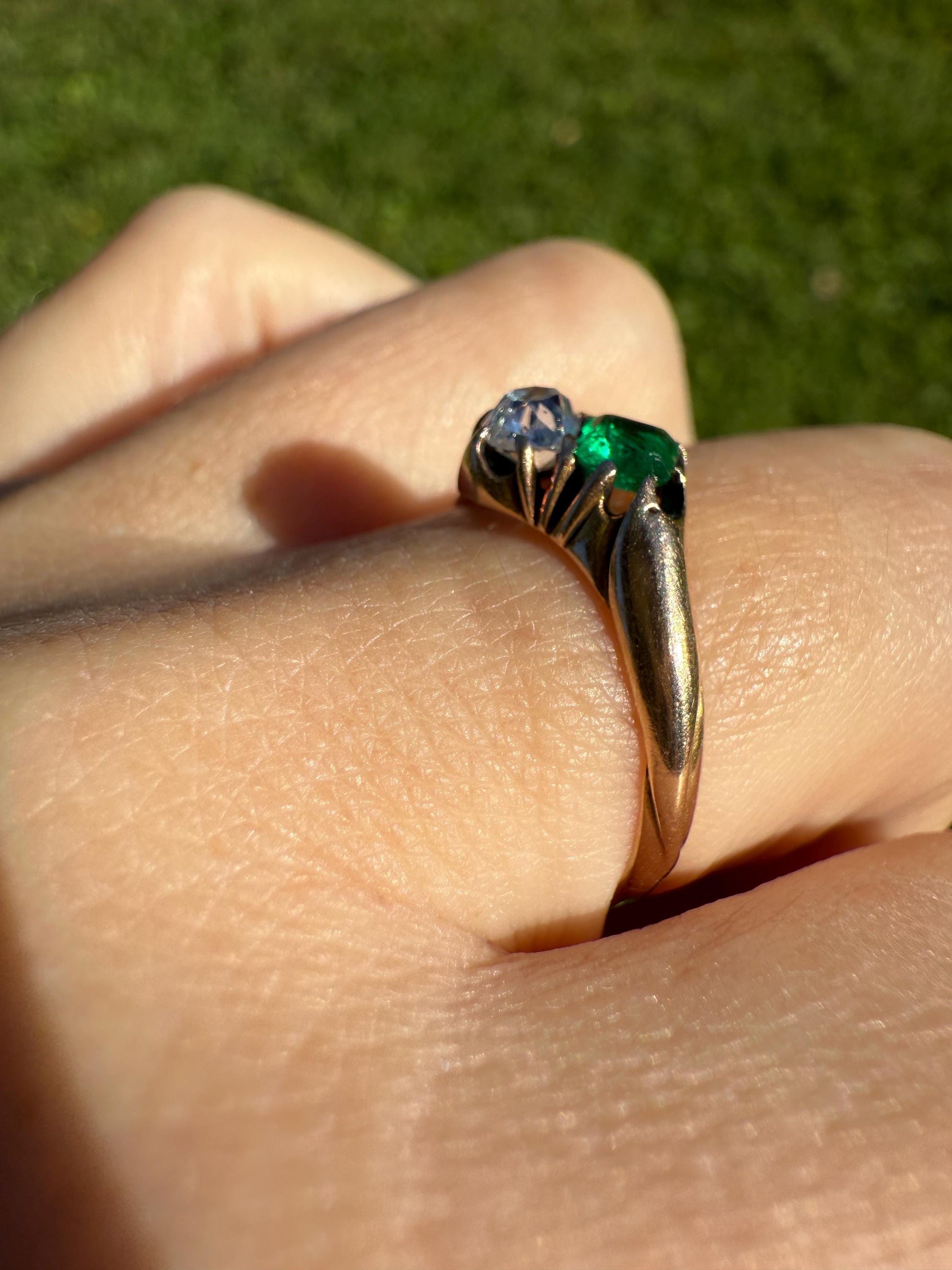 EMERALD Old Mine Cut DIAMOND Antique Toi et Moi Ring 14k Gold Angled Cushion Cut Swirl Shoulders Romantic Gift Green Stacker Chunky OMC