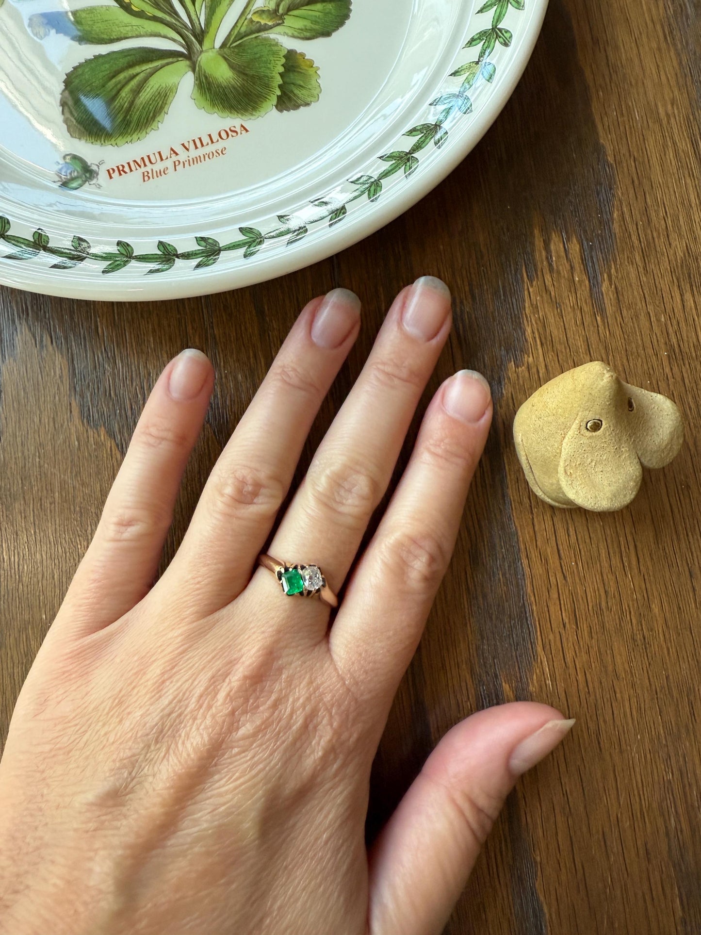 EMERALD Old Mine Cut DIAMOND Antique Toi et Moi Ring 14k Gold Angled Cushion Cut Swirl Shoulders Romantic Gift Green Stacker Chunky OMC