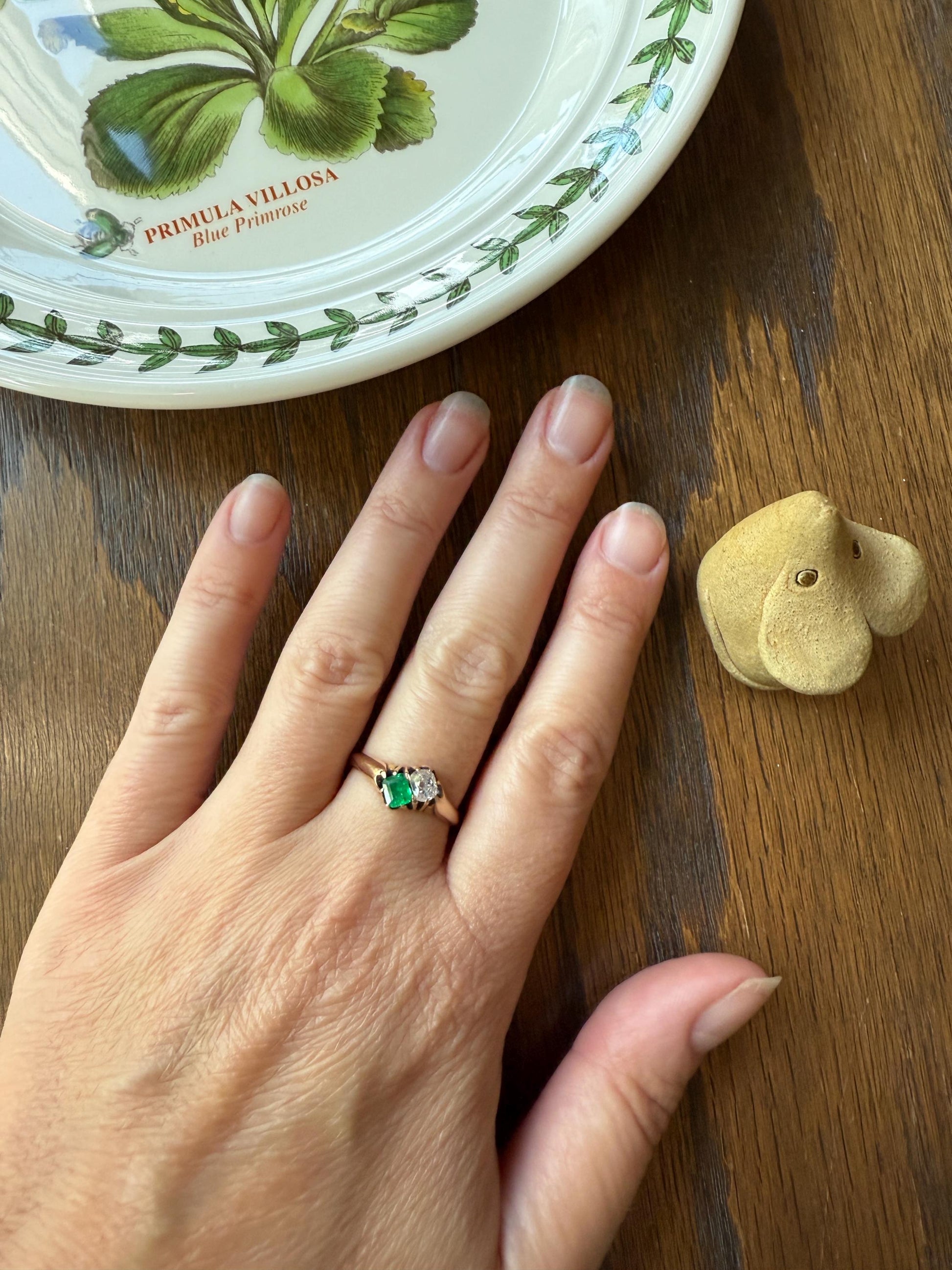 EMERALD Old Mine Cut DIAMOND Antique Toi et Moi Ring 14k Gold Angled Cushion Cut Swirl Shoulders Romantic Gift Green Stacker Chunky OMC