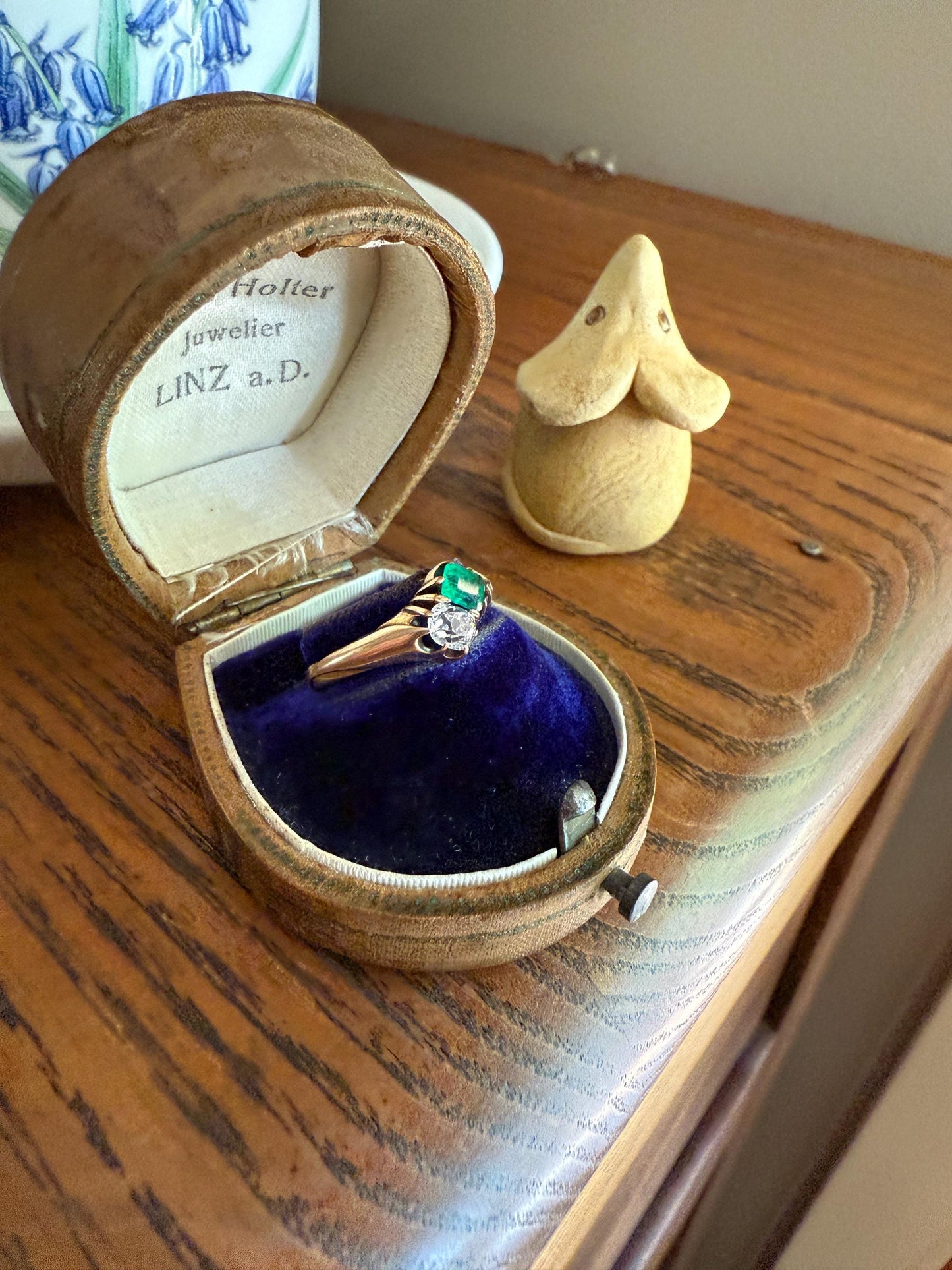 EMERALD Old Mine Cut DIAMOND Antique Toi et Moi Ring 14k Gold Angled Cushion Cut Swirl Shoulders Romantic Gift Green Stacker Chunky OMC