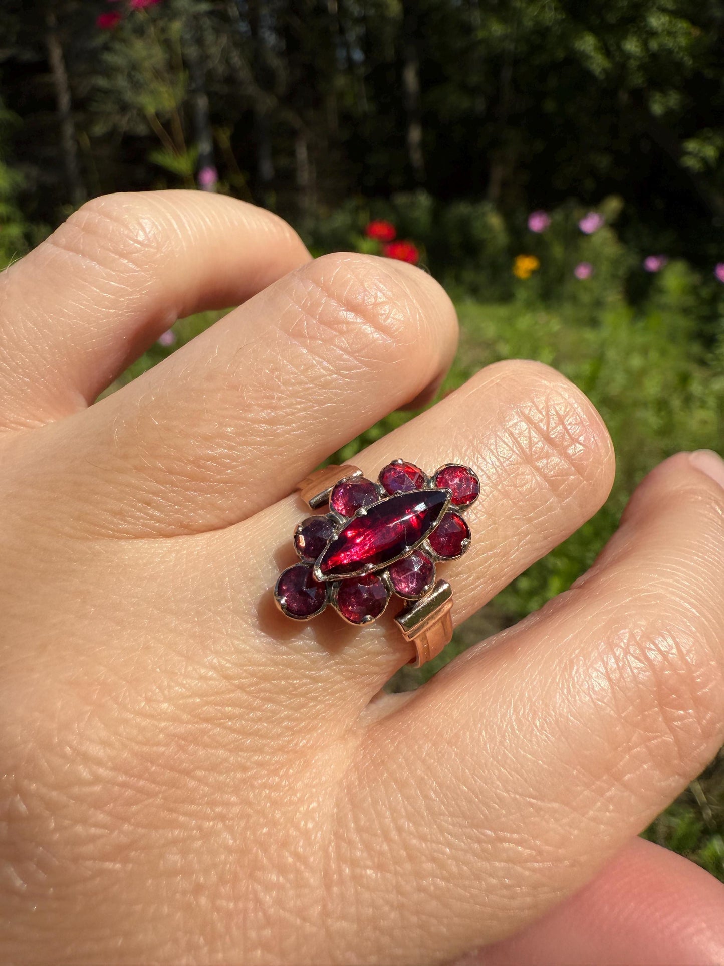 Perpignan GARNET Marquise Navette French Victorian Antique Rose Cut Cluster Ring 18k Gold Belle Epoque Juicy Berry Pink Purple Glow Gift