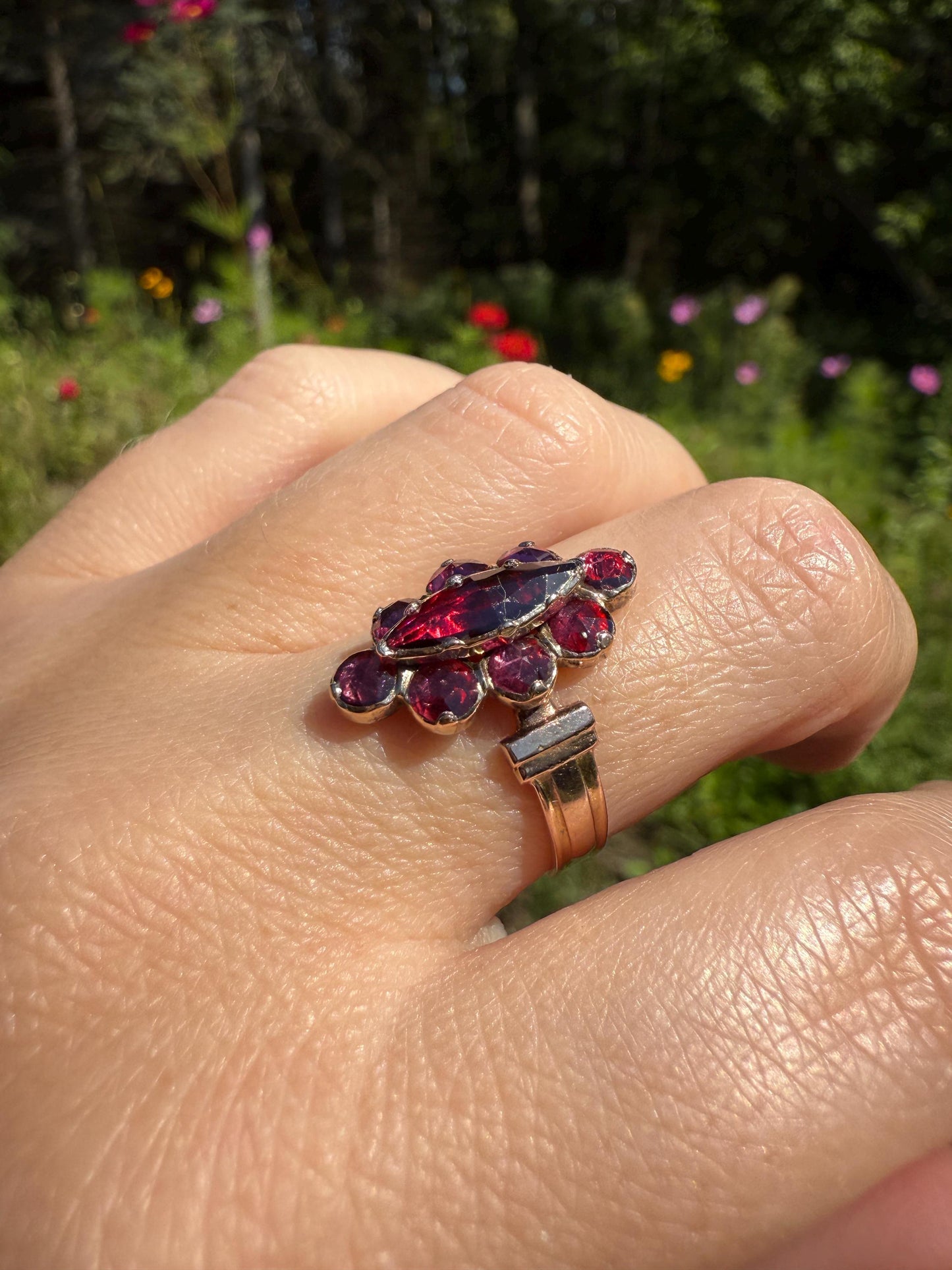 Perpignan GARNET Marquise Navette French Victorian Antique Rose Cut Cluster Ring 18k Gold Belle Epoque Juicy Berry Pink Purple Glow Gift