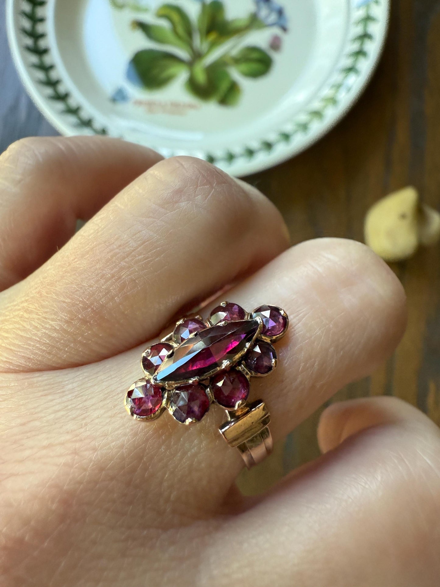 Perpignan GARNET Marquise Navette French Victorian Antique Rose Cut Cluster Ring 18k Gold Belle Epoque Juicy Berry Pink Purple Glow Gift