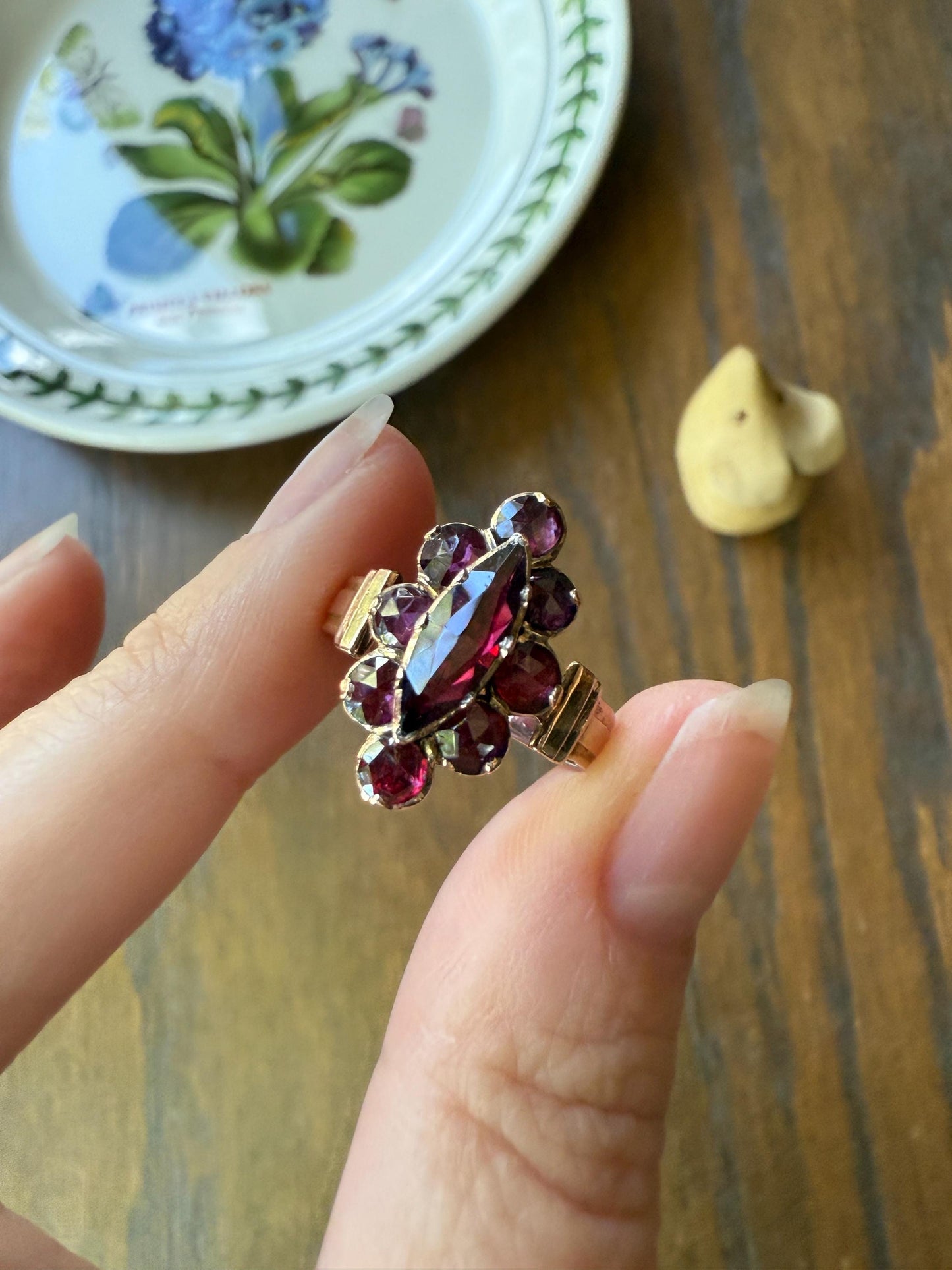Perpignan GARNET Marquise Navette French Victorian Antique Rose Cut Cluster Ring 18k Gold Belle Epoque Juicy Berry Pink Purple Glow Gift