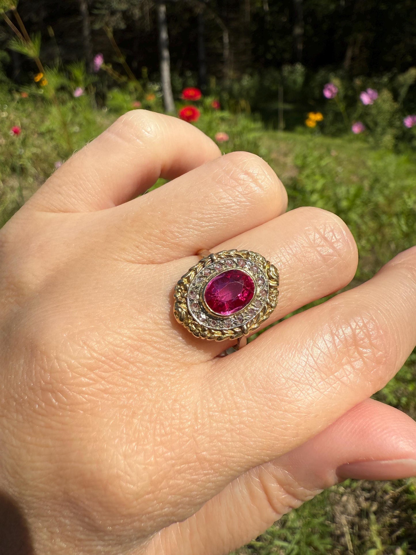 RUBY Pink Floral GARLAND Rose Cut DIAMOND Halo French Antique Ring 18k Gold Forget Me Not Ring Art Nouveau Figural Flower Gift Belle Epoque