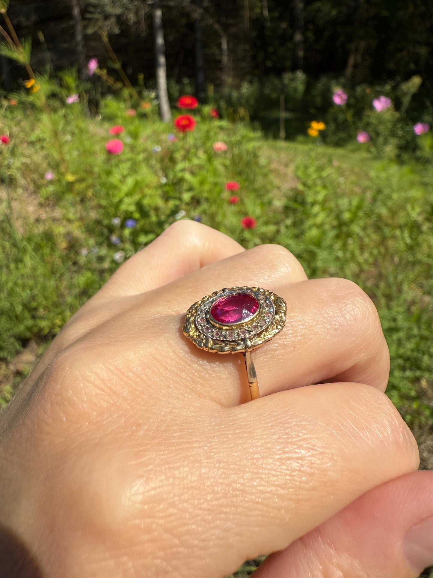 RUBY Pink Floral GARLAND Rose Cut DIAMOND Halo French Antique Ring 18k Gold Forget Me Not Ring Art Nouveau Figural Flower Gift Belle Epoque