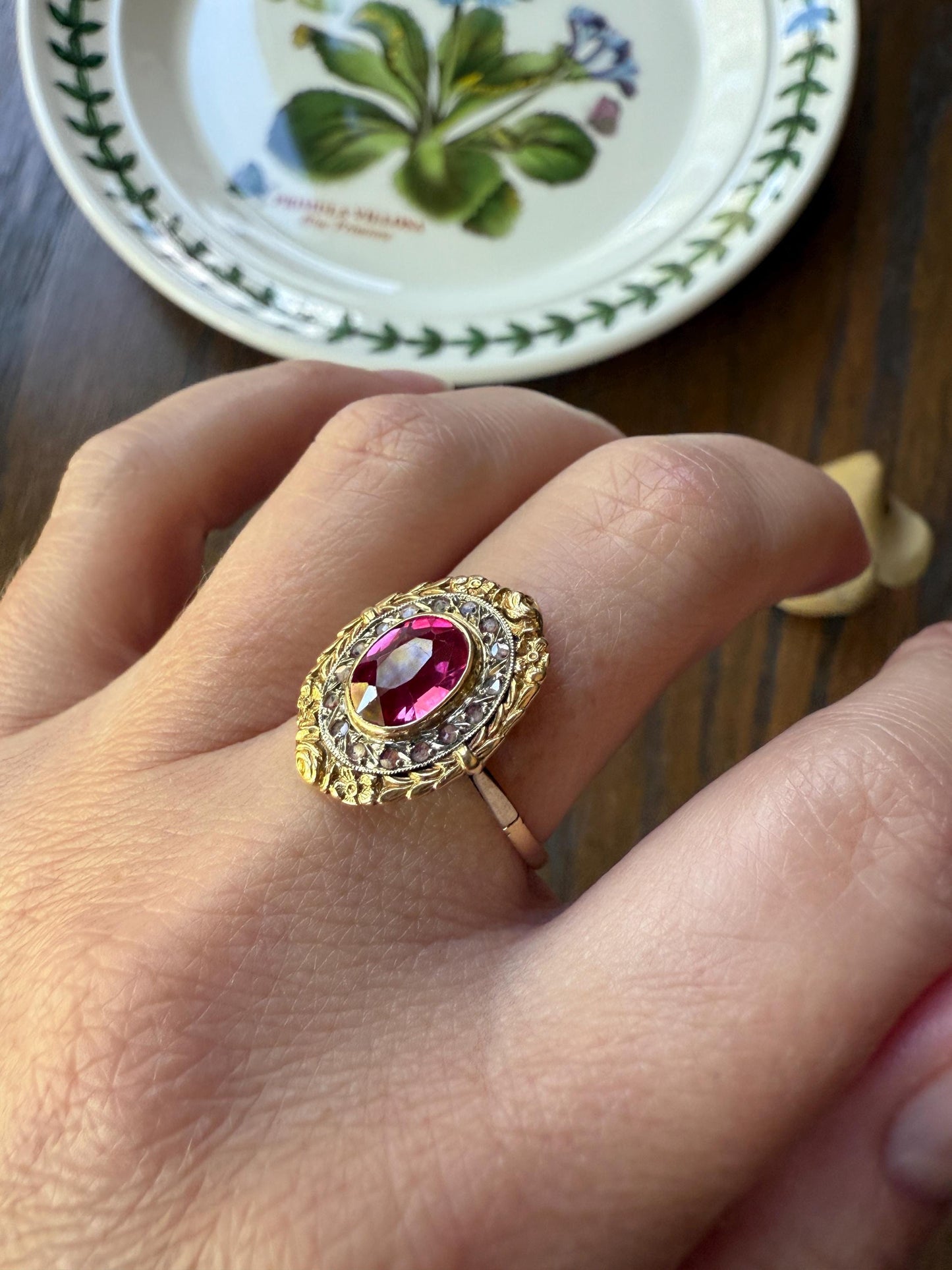 RUBY Pink Floral GARLAND Rose Cut DIAMOND Halo French Antique Ring 18k Gold Forget Me Not Ring Art Nouveau Figural Flower Gift Belle Epoque