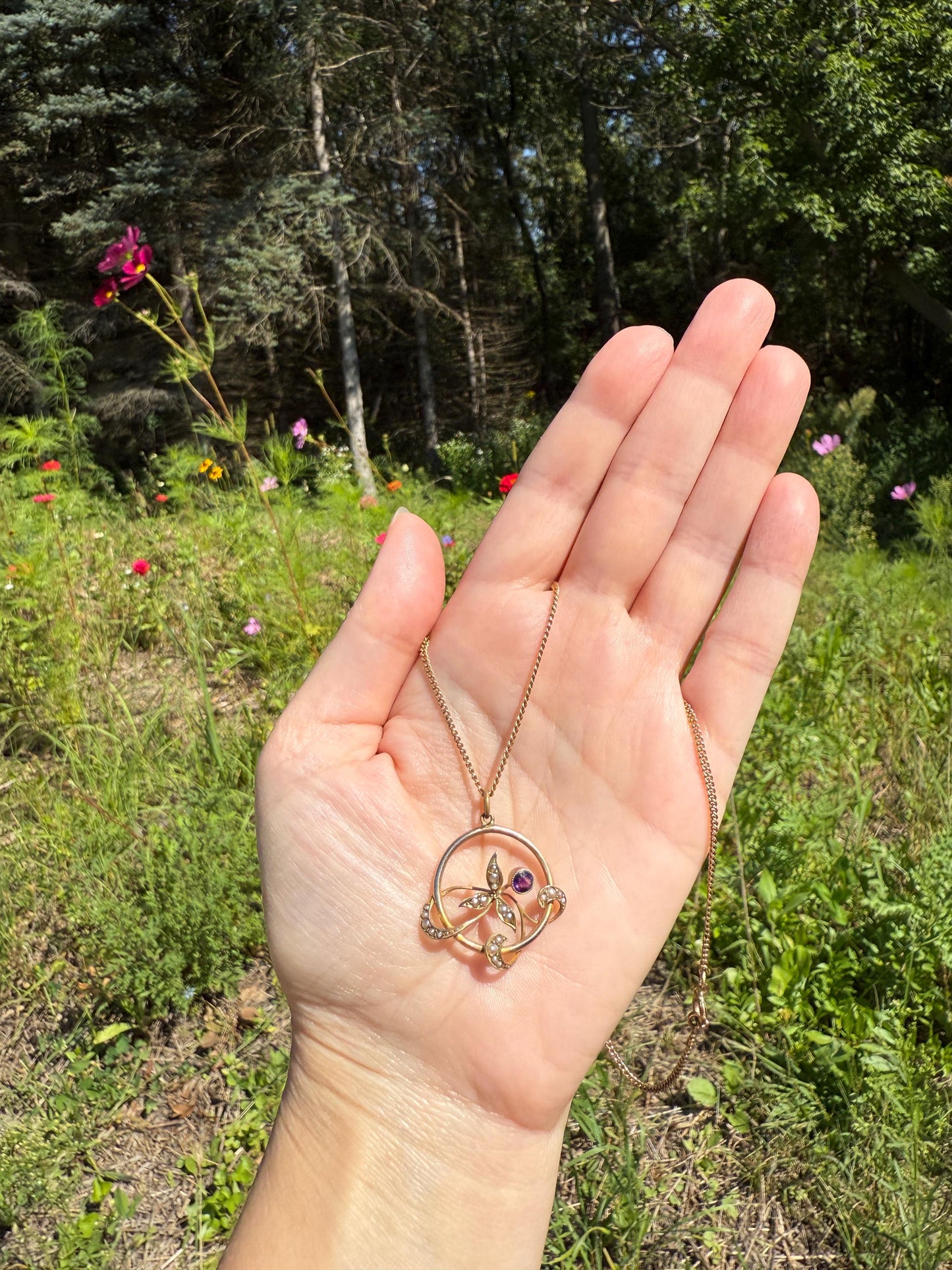 Antique FLORAL Purple AMETHYST 9k Gold Victorian Pendant on Chain Seed Pearl Leaves Art Nouveau Swirl Ornate Necklace