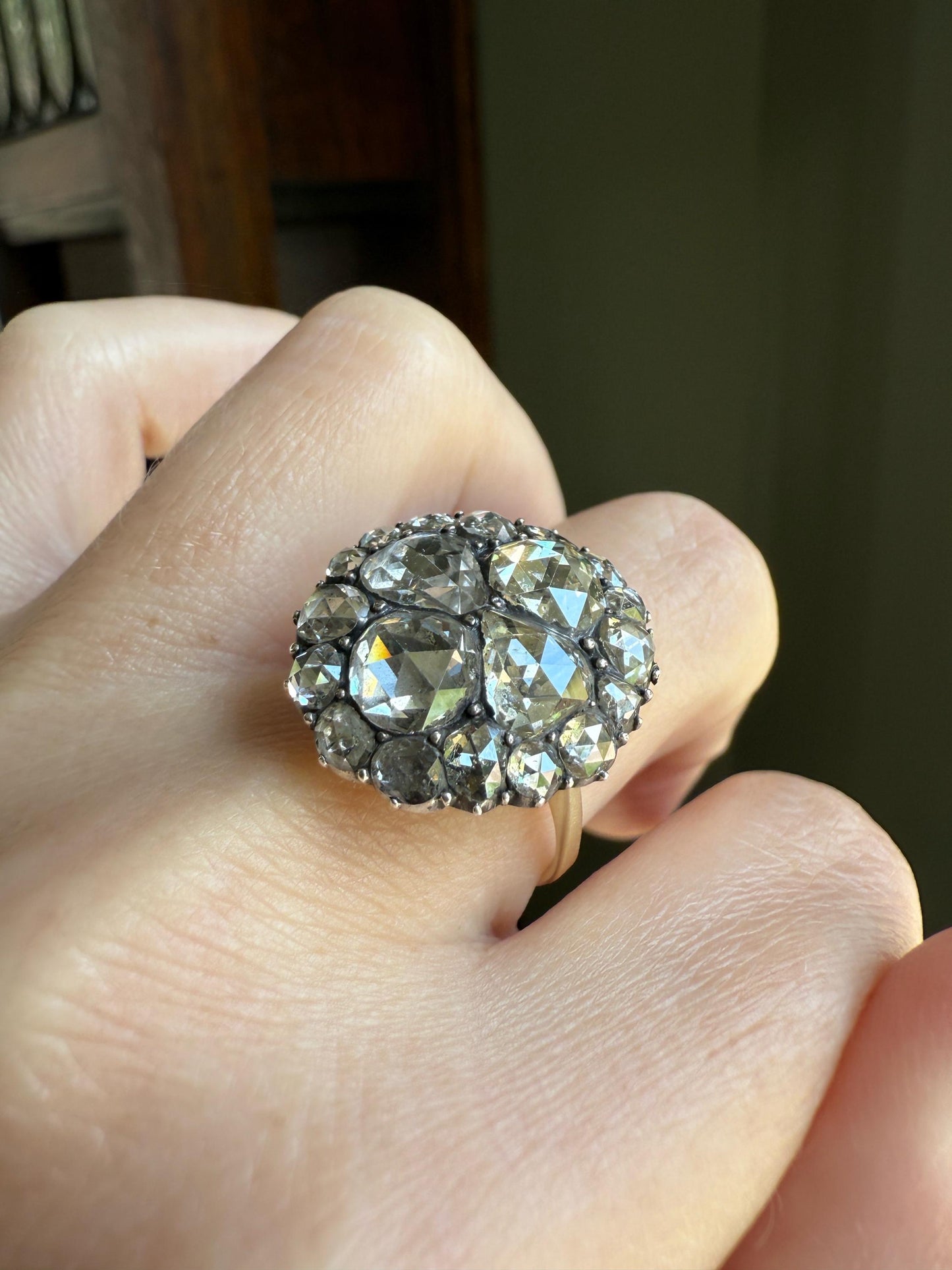 Stunning Antique 6 Carat Scale Dutch Rose Cut DIAMOND 14k Gold Silver Cluster Chunky Pear Stacker Rare Bauble Fiery Disco Ball