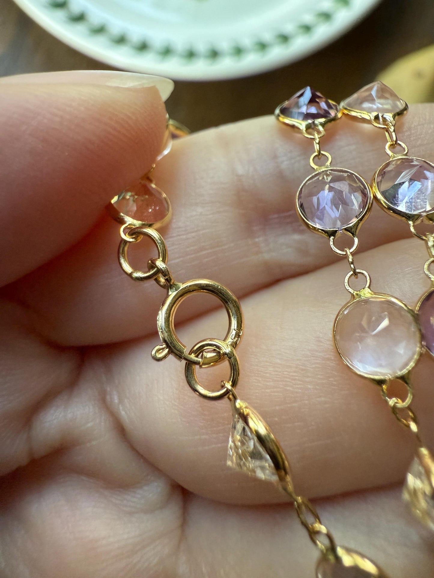 Vintage Gemset Long Station Chain Guard Rose Pink Quartz White Topaz Purple Amethyst 18k GOLD Necklace Layering Bezel Set Sparkle Harlequin