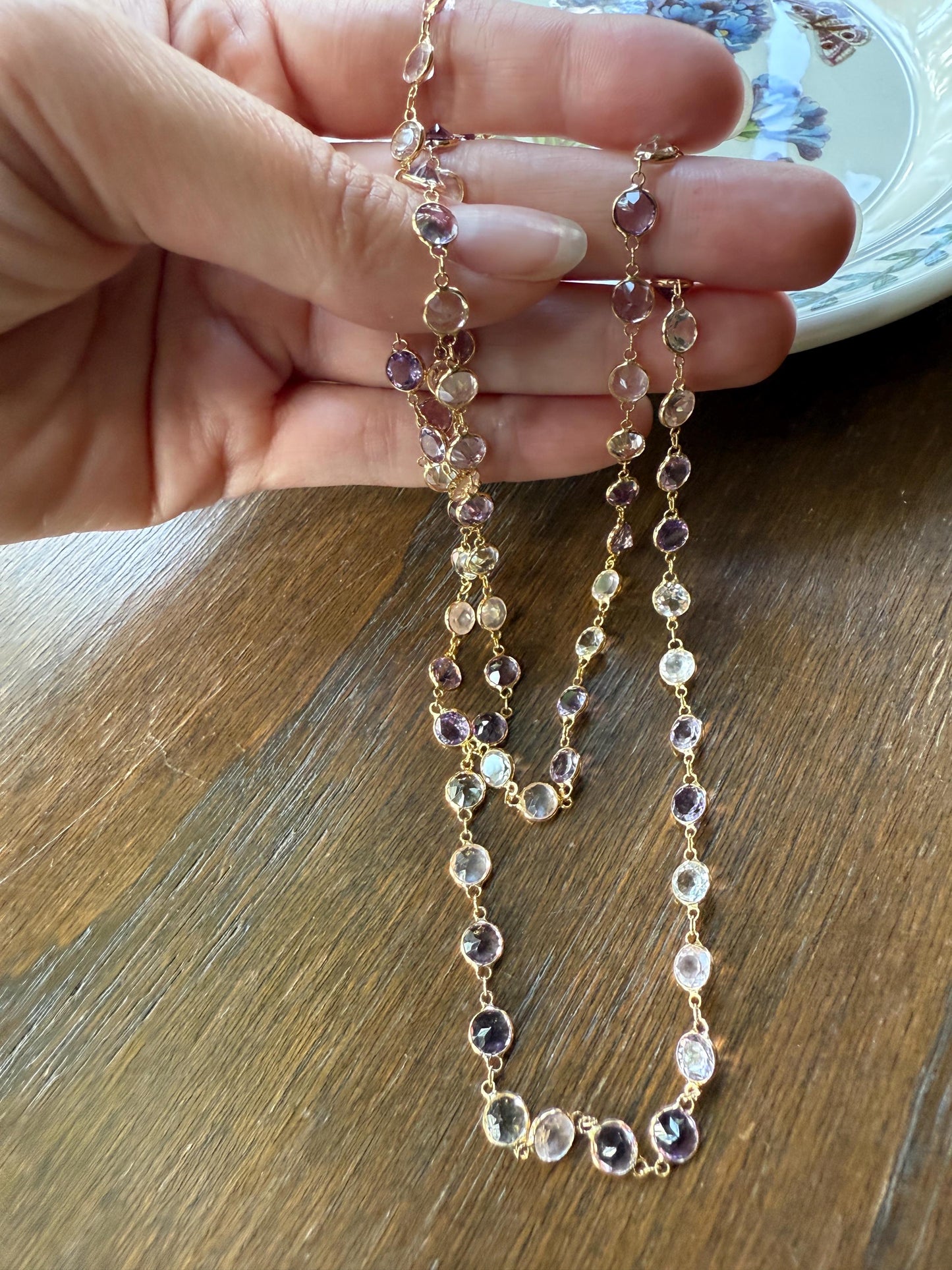 Vintage Gemset Long Station Chain Guard Rose Pink Quartz White Topaz Purple Amethyst 18k GOLD Necklace Layering Bezel Set Sparkle Harlequin