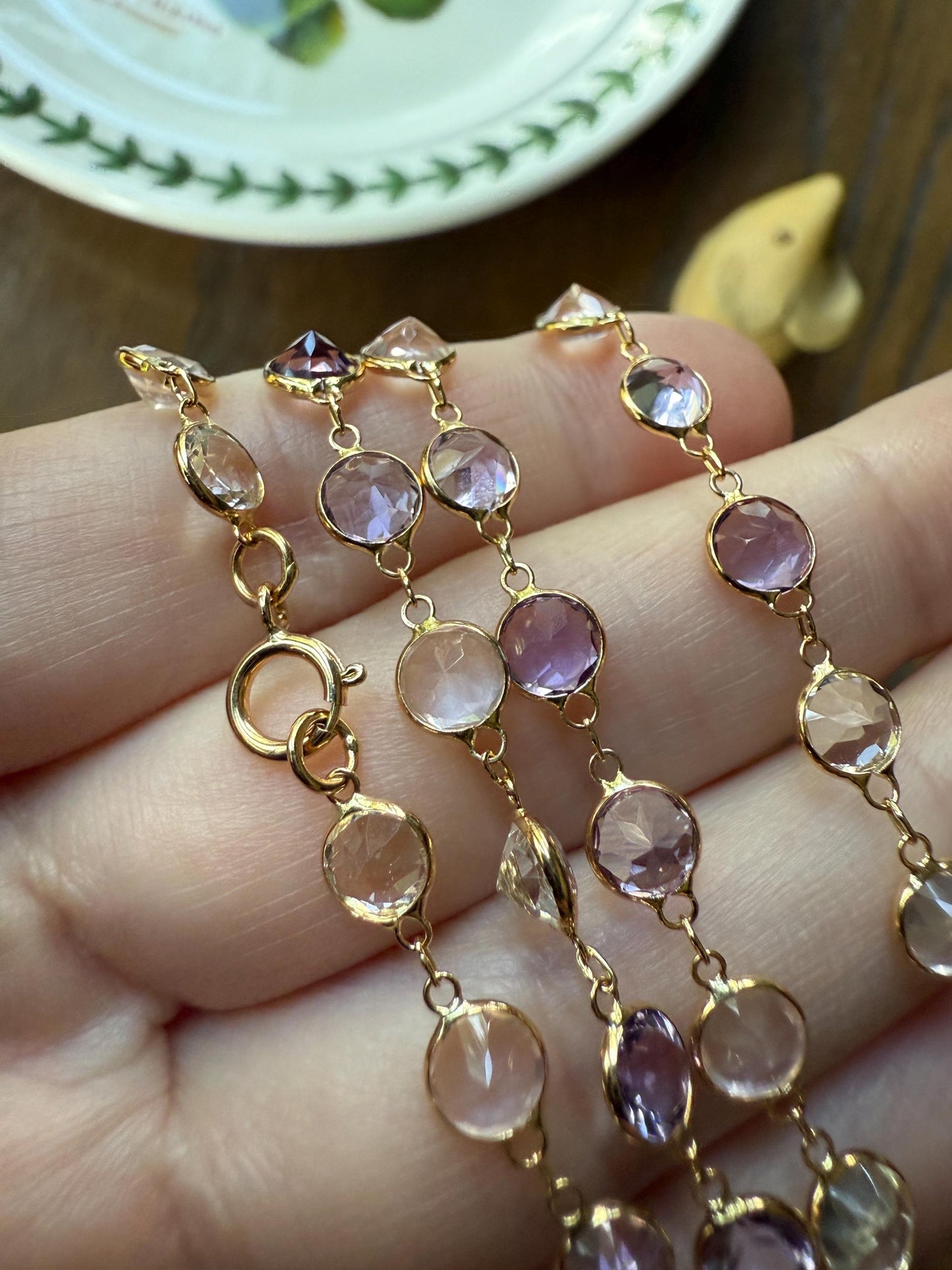 Vintage Gemset Long Station Chain Guard Rose Pink Quartz White Topaz Purple Amethyst 18k GOLD Necklace Layering Bezel Set Sparkle Harlequin