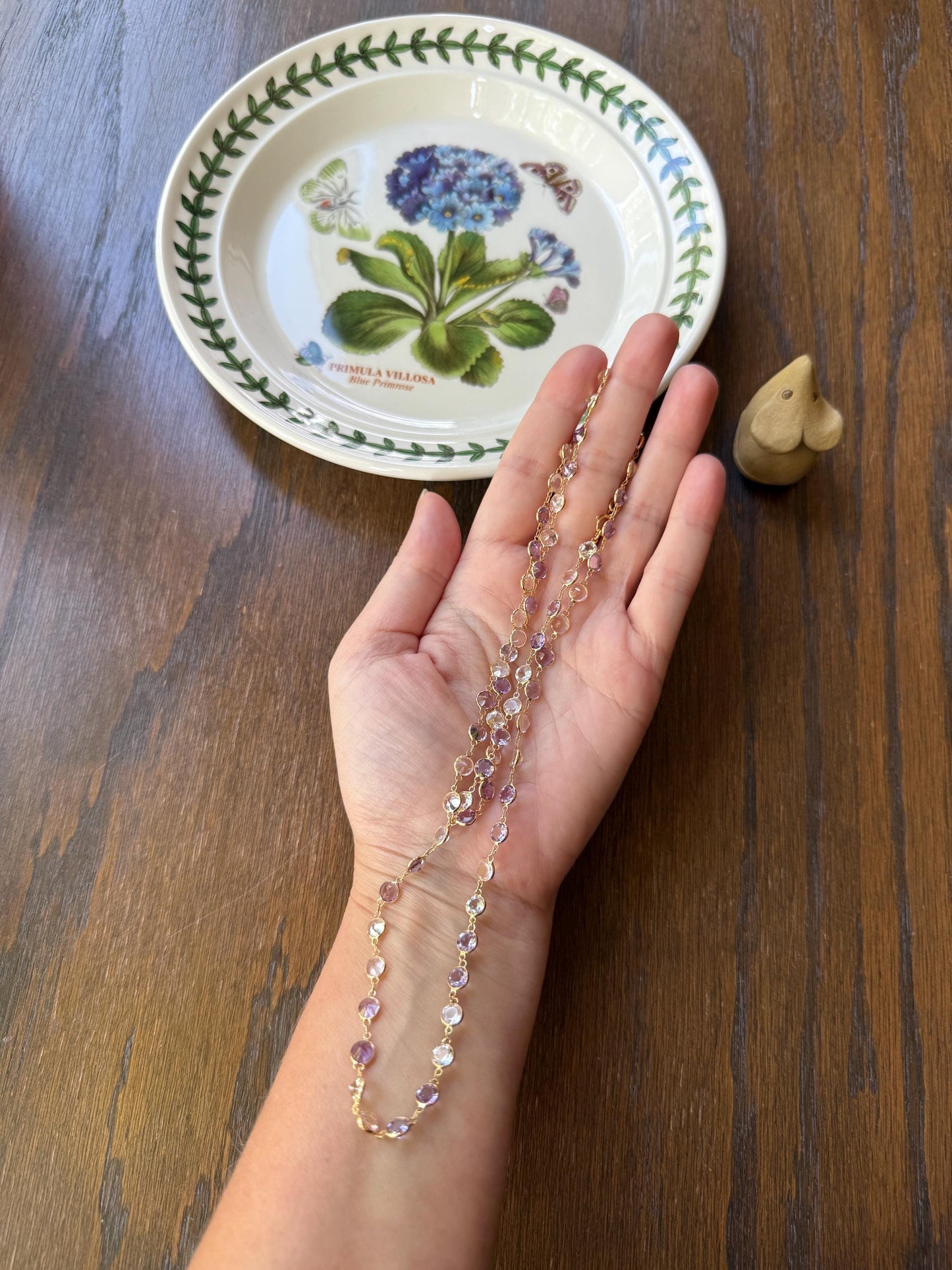 Vintage Gemset Long Station Chain Guard Rose Pink Quartz White Topaz Purple Amethyst 18k GOLD Necklace Layering Bezel Set Sparkle Harlequin