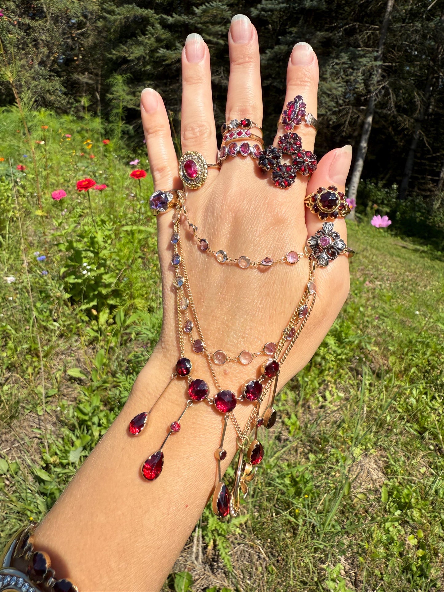 Vintage Gemset Long Station Chain Guard Rose Pink Quartz White Topaz Purple Amethyst 18k GOLD Necklace Layering Bezel Set Sparkle Harlequin