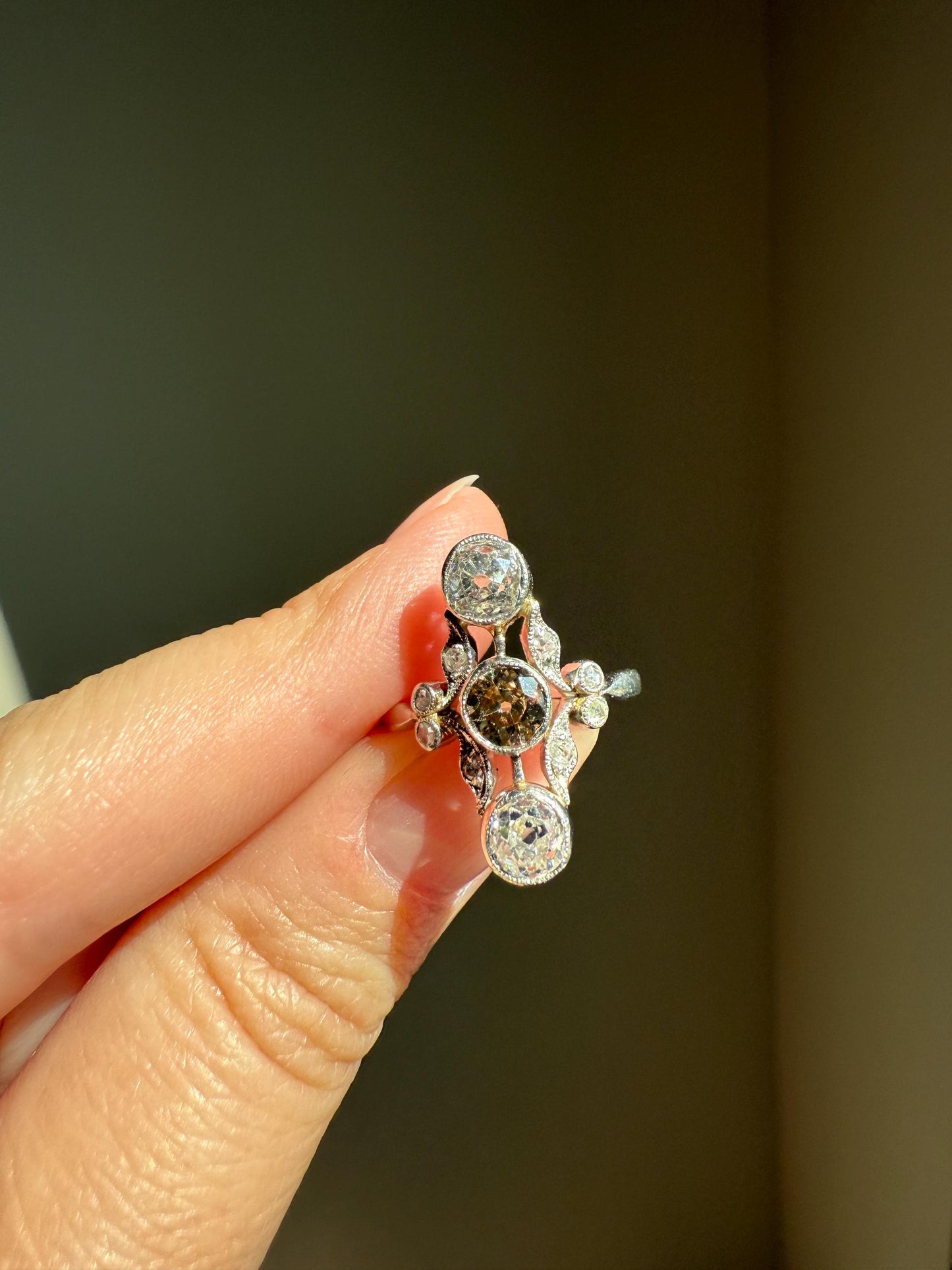 ORNATE Belle Epoque Antique Champagne Fancy Light Brown & White Three Stone Old Mine Cut Diamond Platinum Navette Ring Oval Victorian French