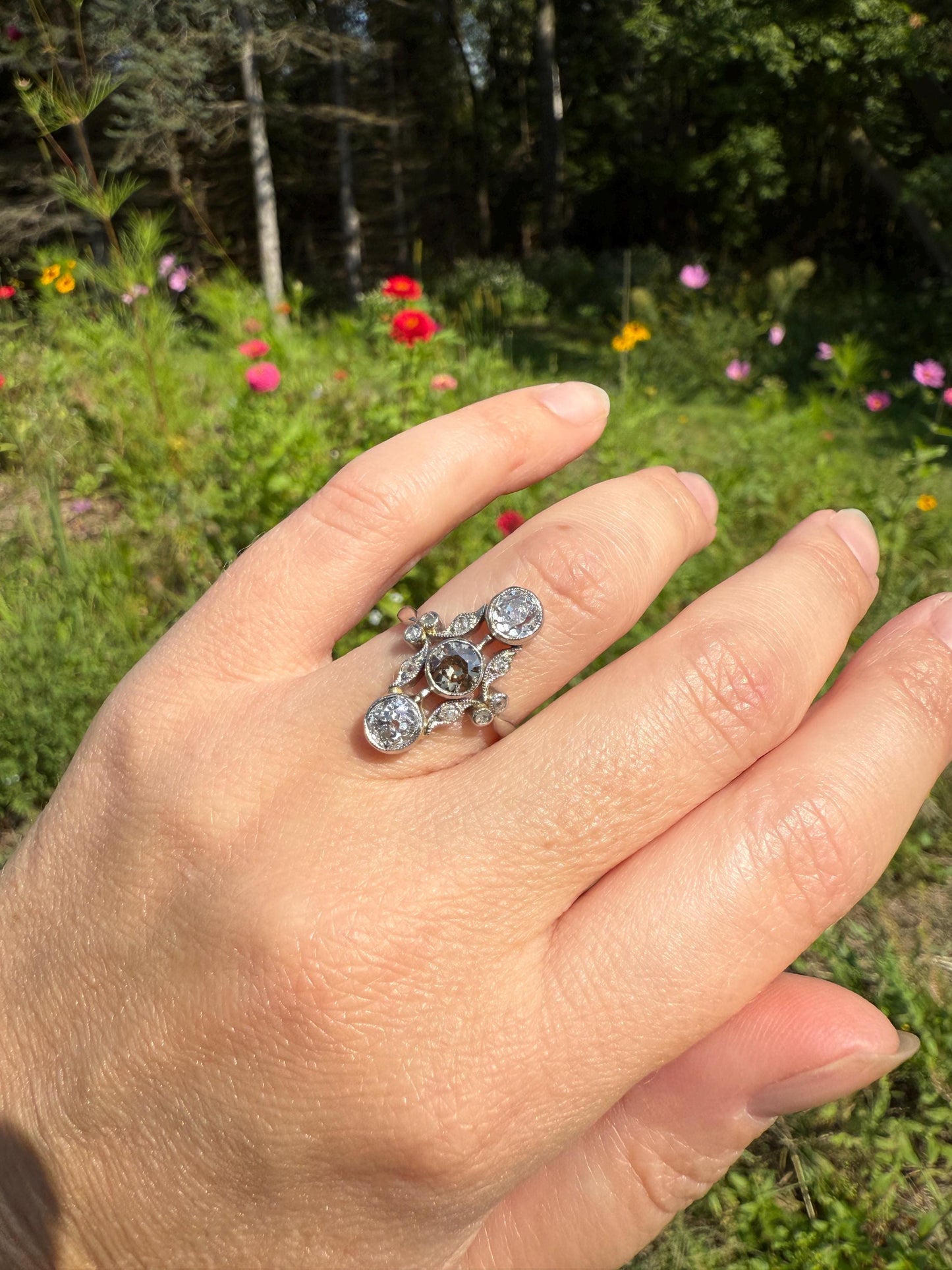 ORNATE Belle Epoque Antique Champagne Fancy Light Brown & White Three Stone Old Mine Cut Diamond Platinum Navette Ring Oval Victorian French